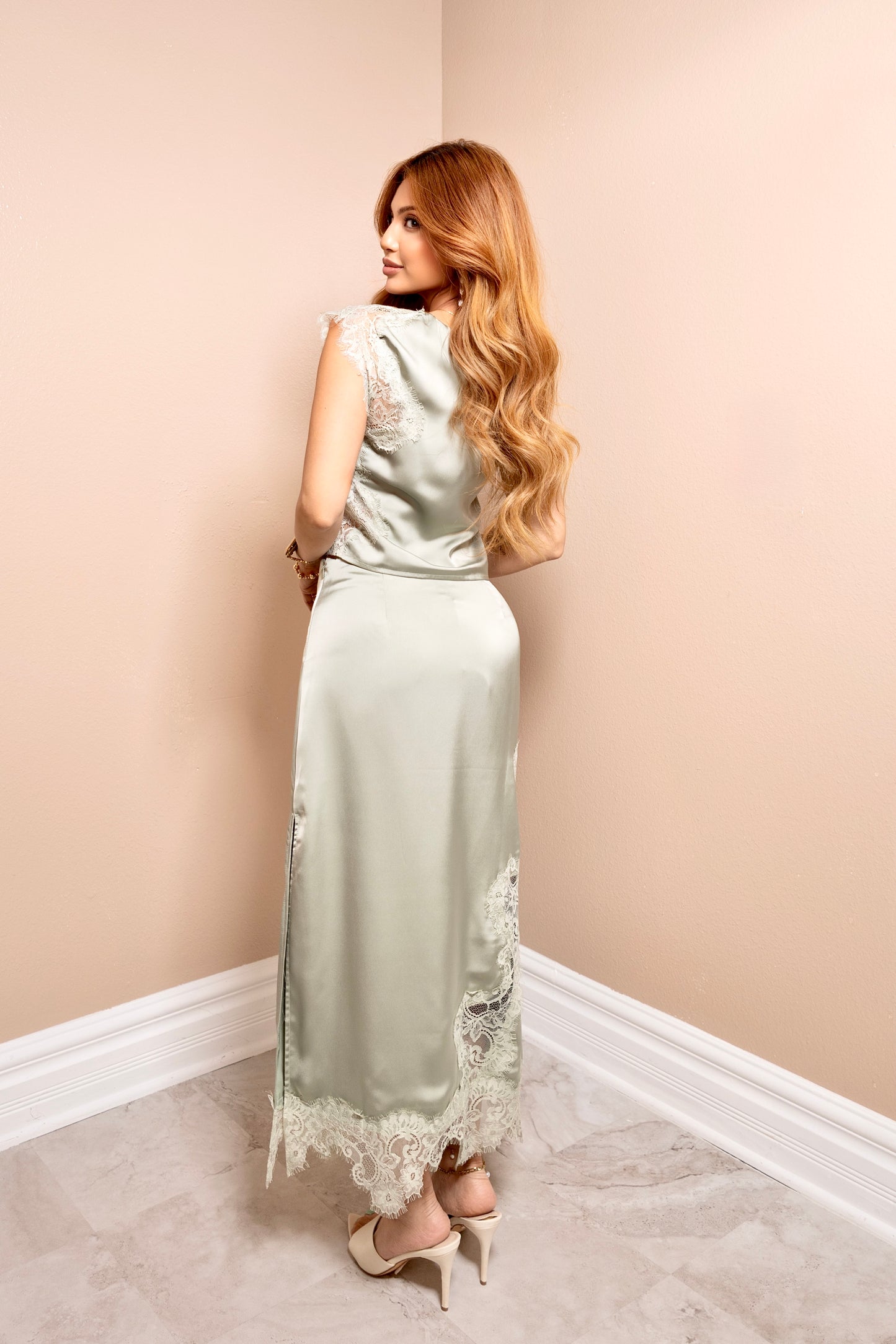 Sage Romance Lace Midi Skirt