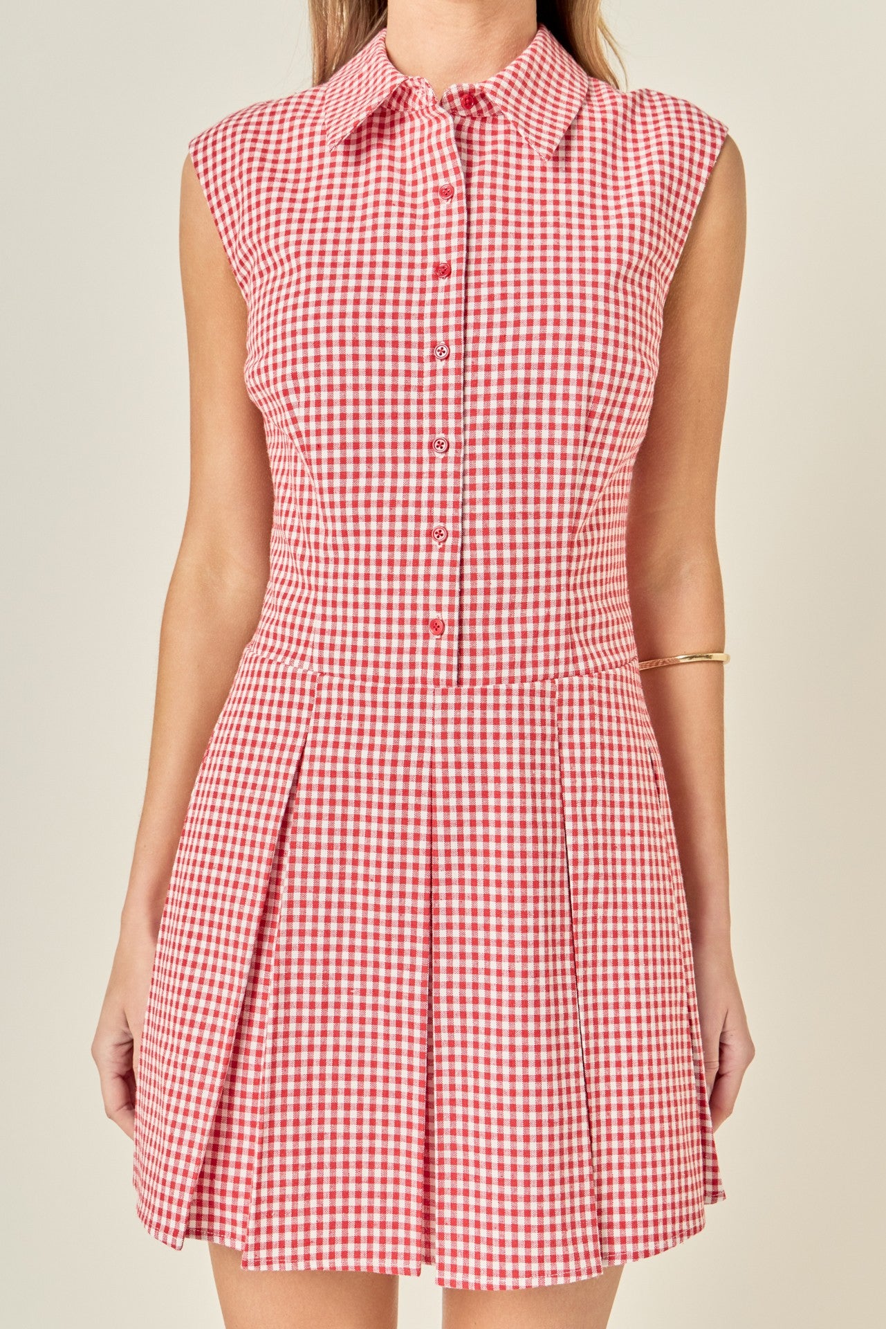 English Factory Red Plaid Pleated Mini Shirt Dress