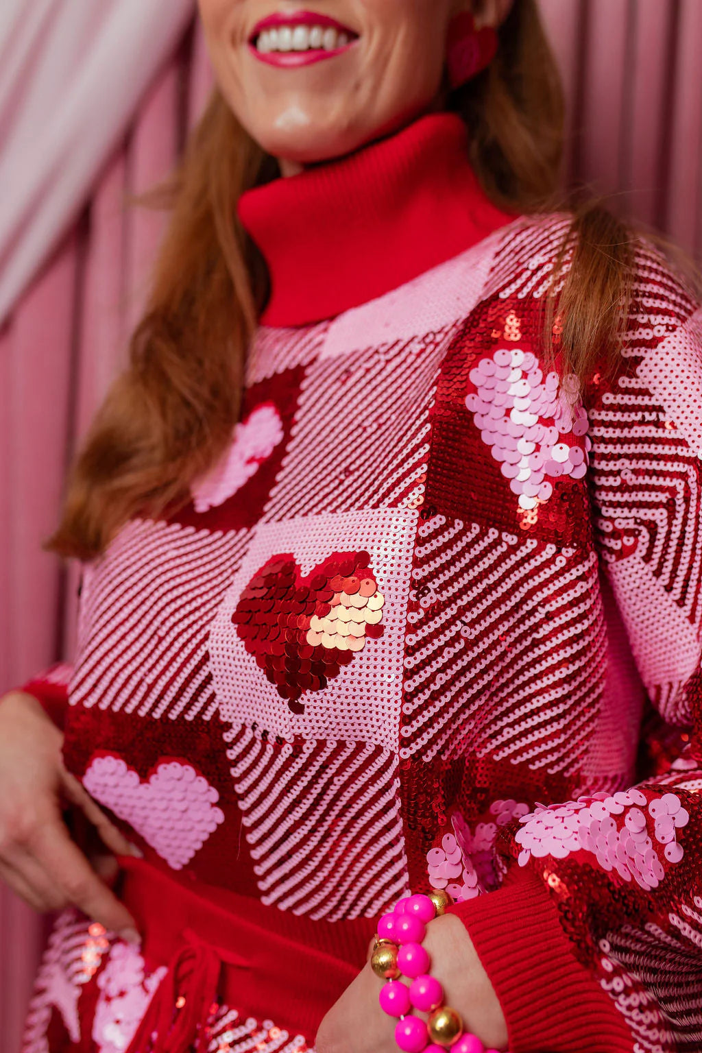 Brianna Cannon Sequin Hearts Plaid Sweater
