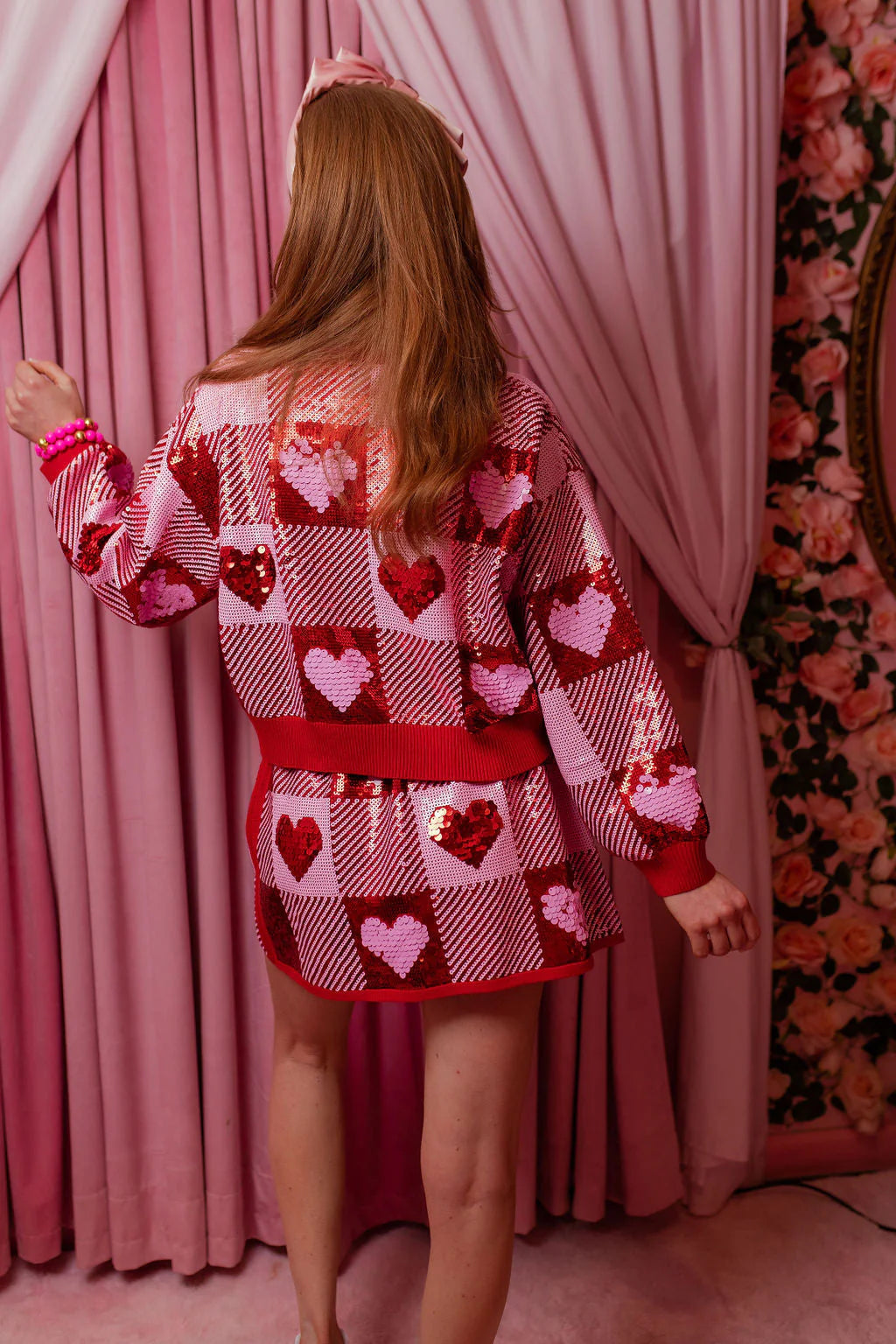 Brianna Cannon Sequin Hearts Plaid Sweater