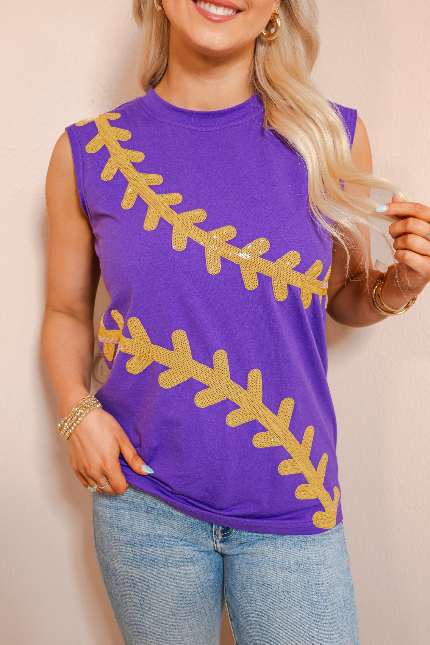 Belle Cher Baseball Stitch Sequin Tank