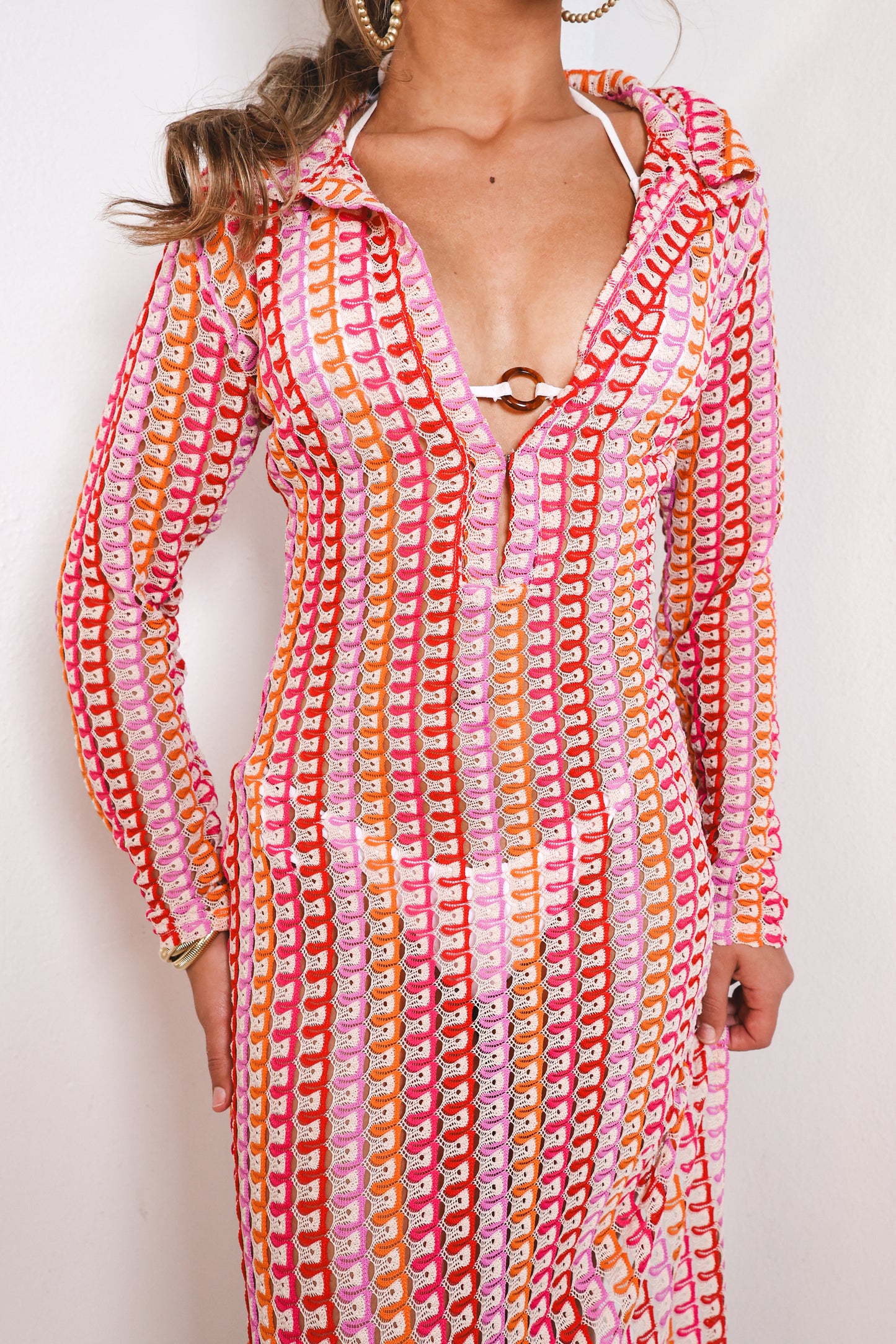 70s Flair Collared Crochet Maxi Dress