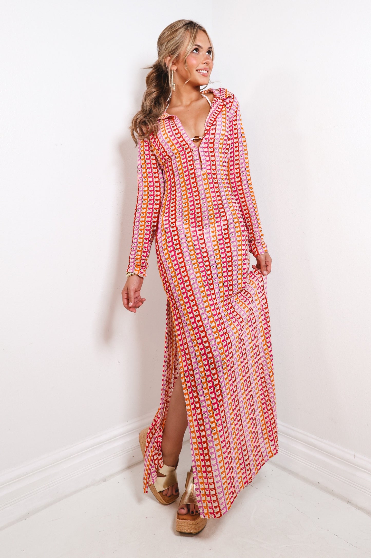 70s Flair Collared Crochet Maxi Dress