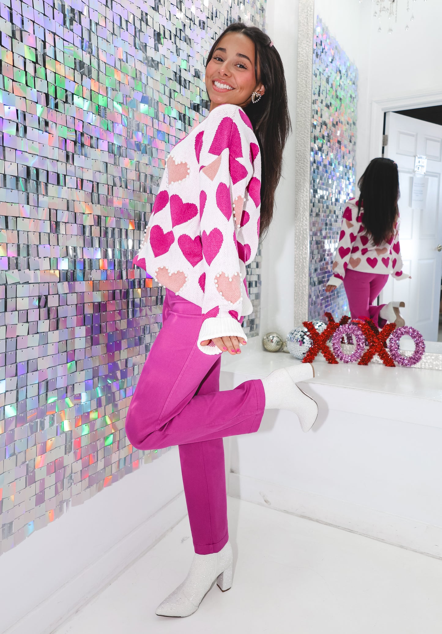 All Over Pink Pearl Heart Sweater