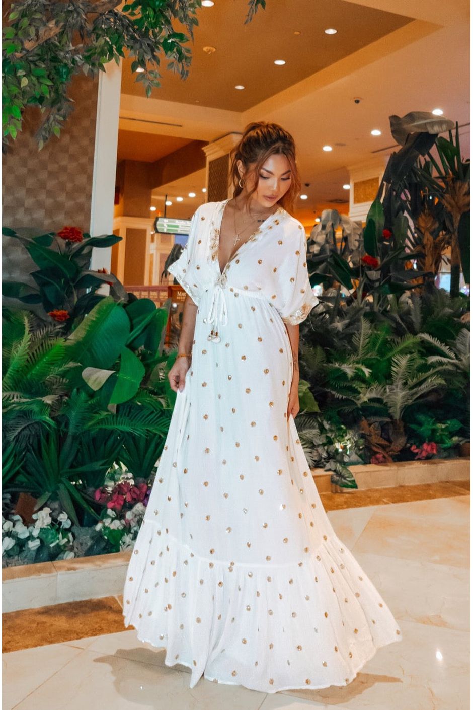 Apricot Hand Sequin Dot Kaftan Dress