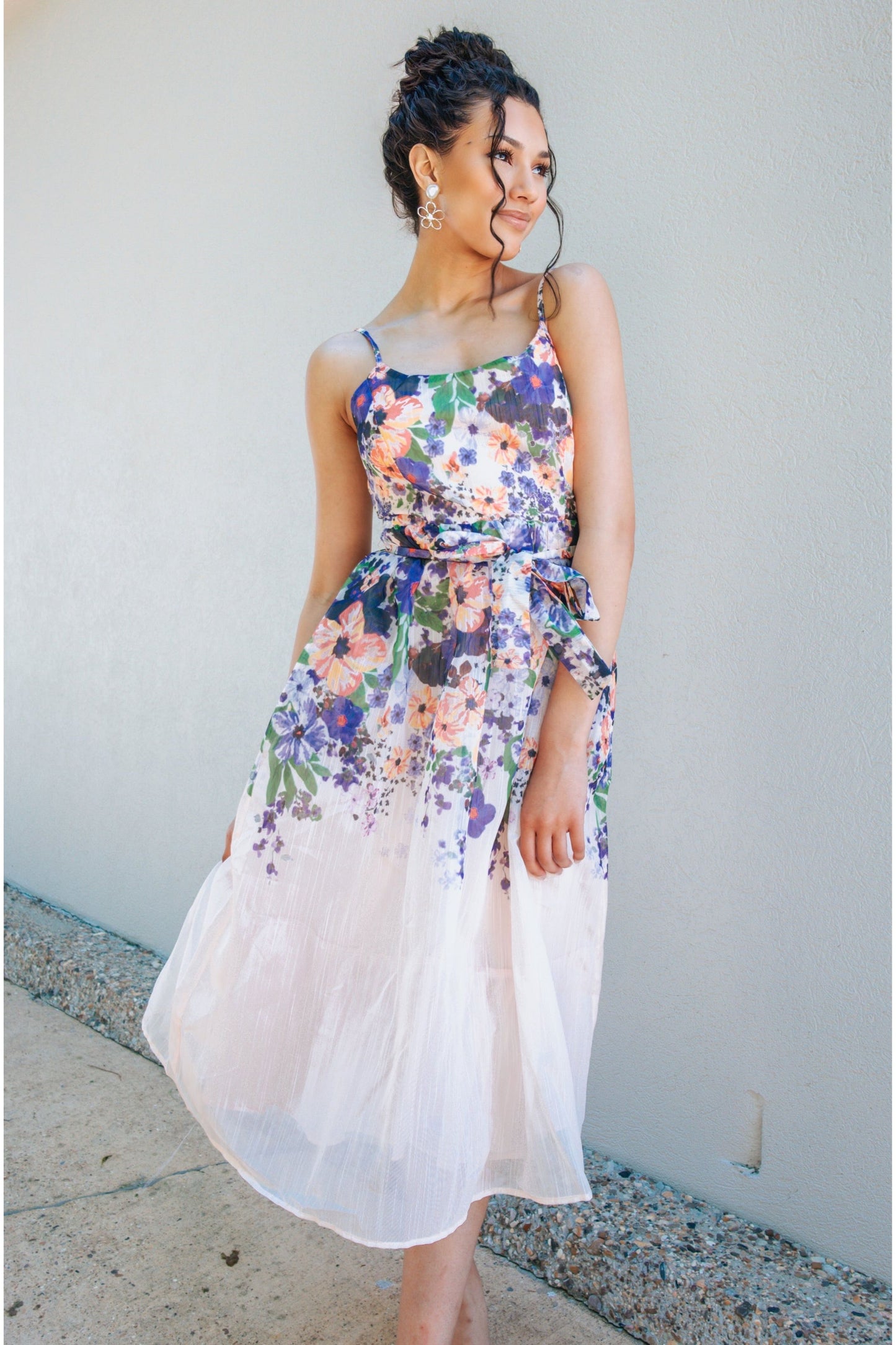 Blush Floral Tie Midi Dress-Dress-KCoutureBoutique, women's boutique in Bossier City, Louisiana