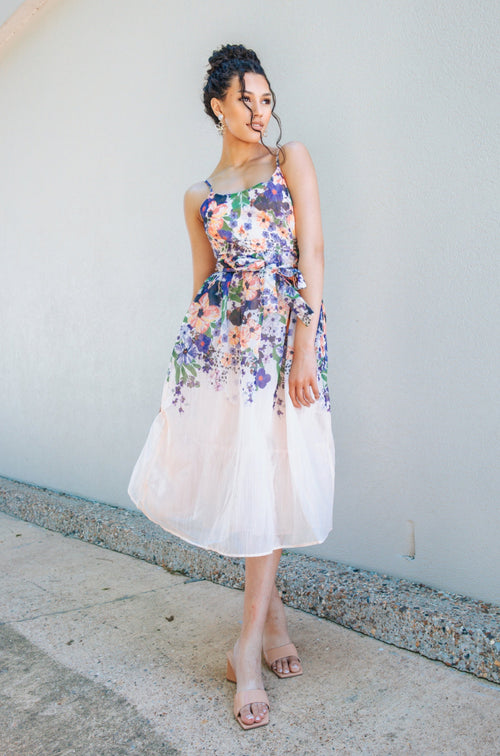Blush Floral Tie Midi Dress-Dress-KCoutureBoutique, women's boutique in Bossier City, Louisiana
