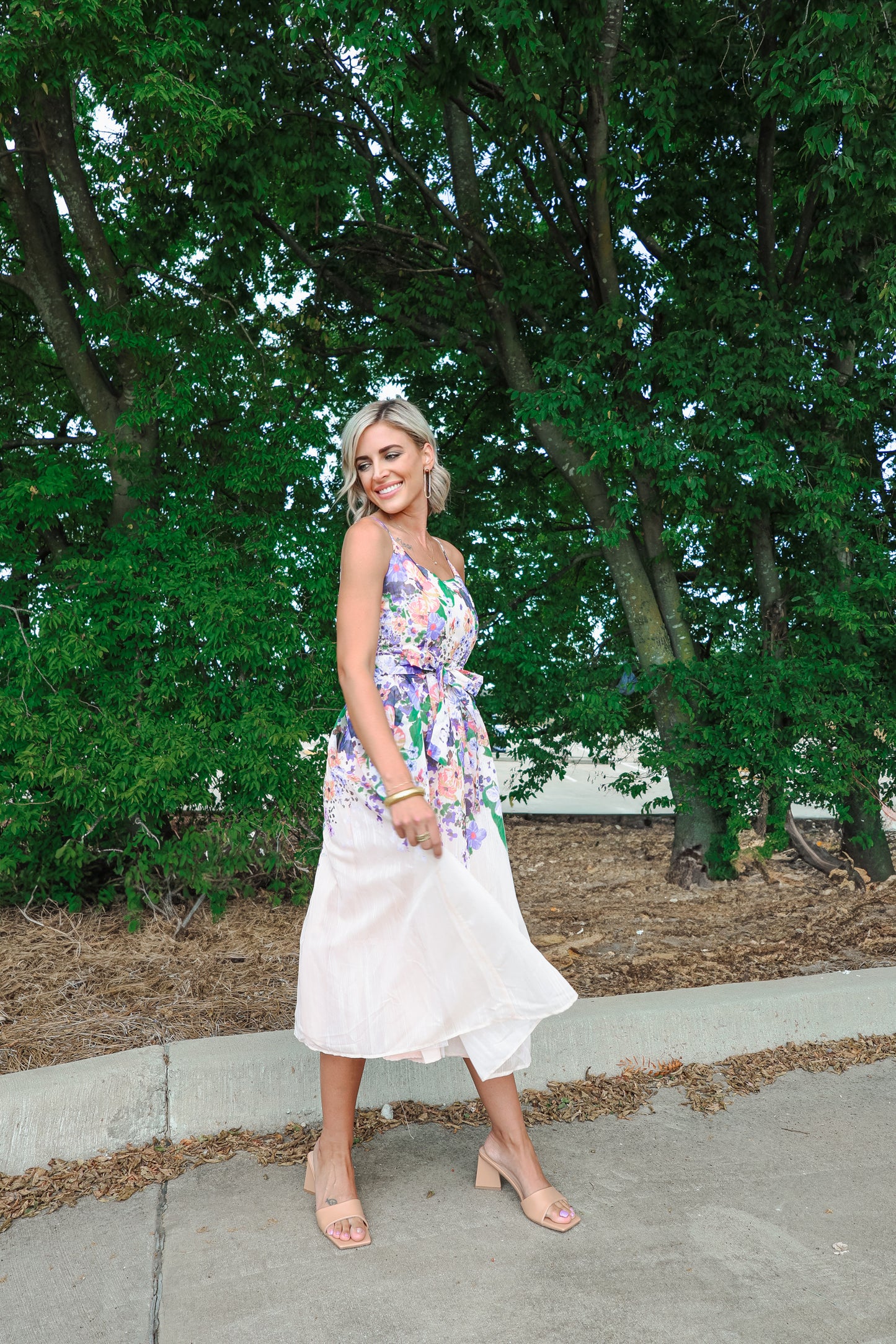 Blush Floral Tie Midi Dress