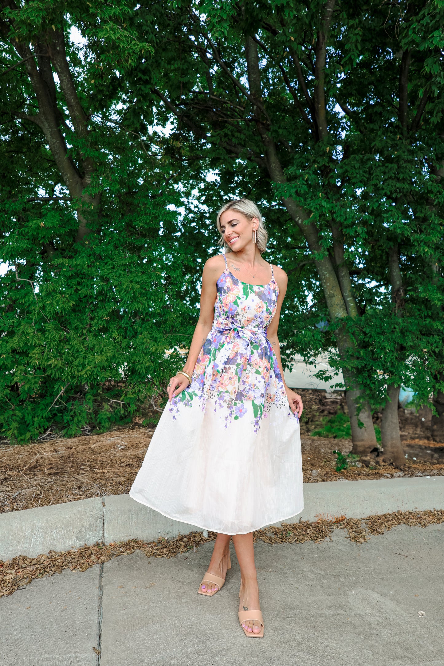 Blush Floral Tie Midi Dress
