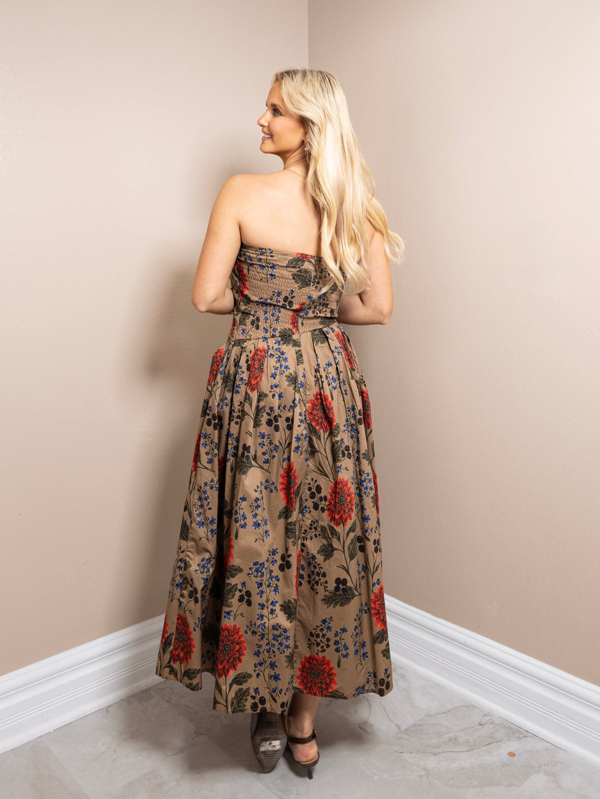 Autumn Pleats Strapless Midi Dress