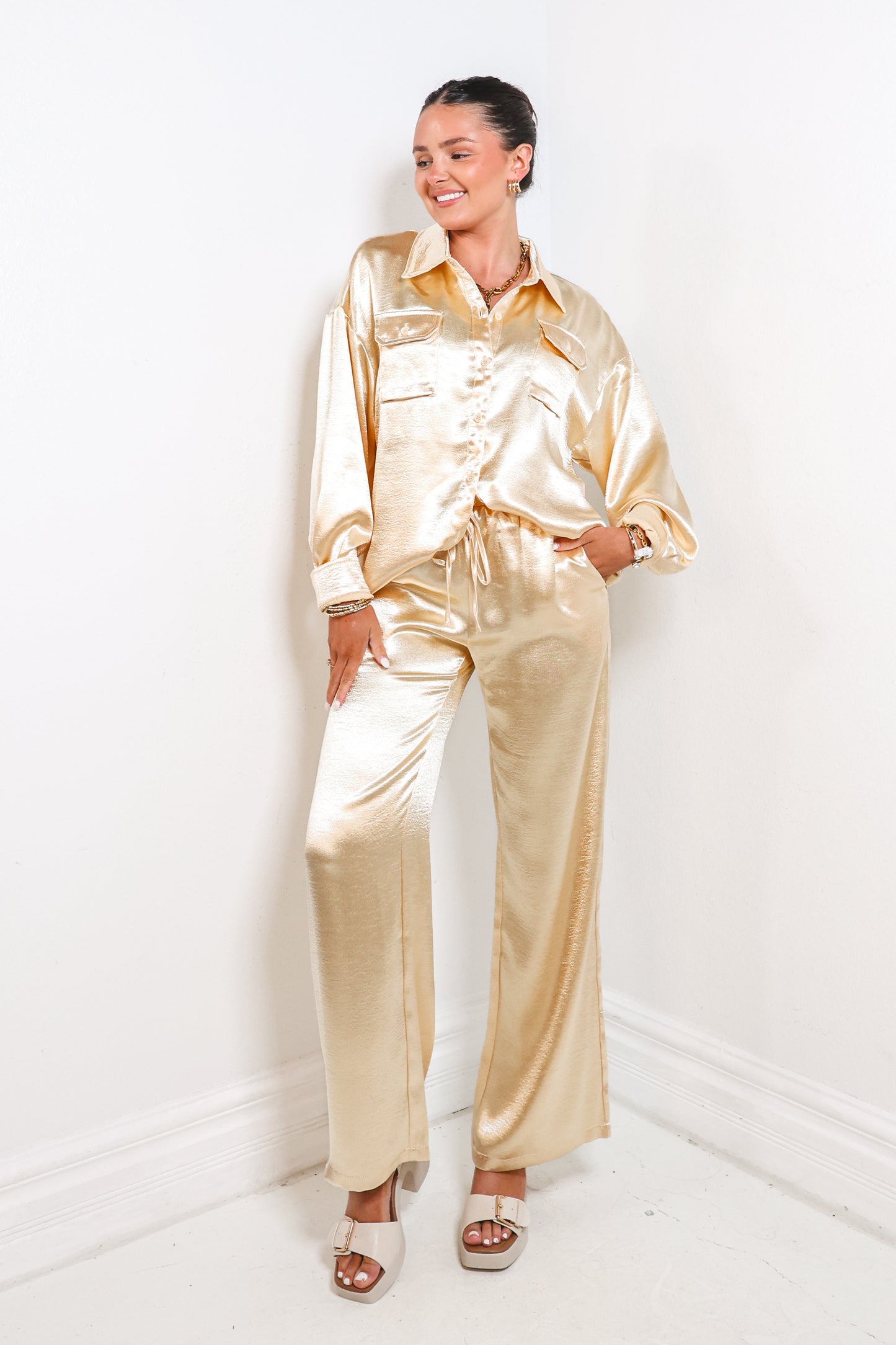 Champagne Gold Chic Button Down Top