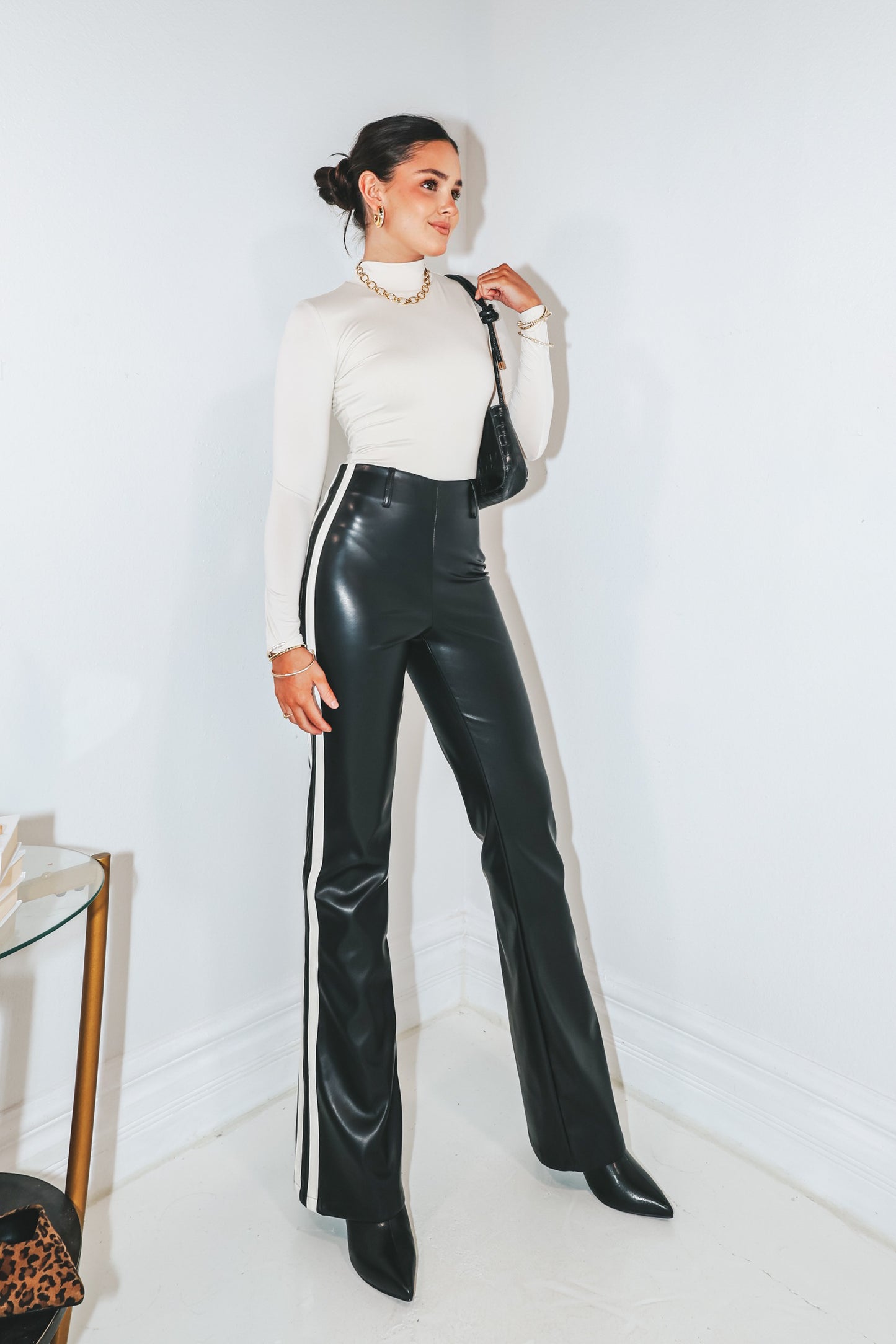 Chic Contrast Faux Leather Pants