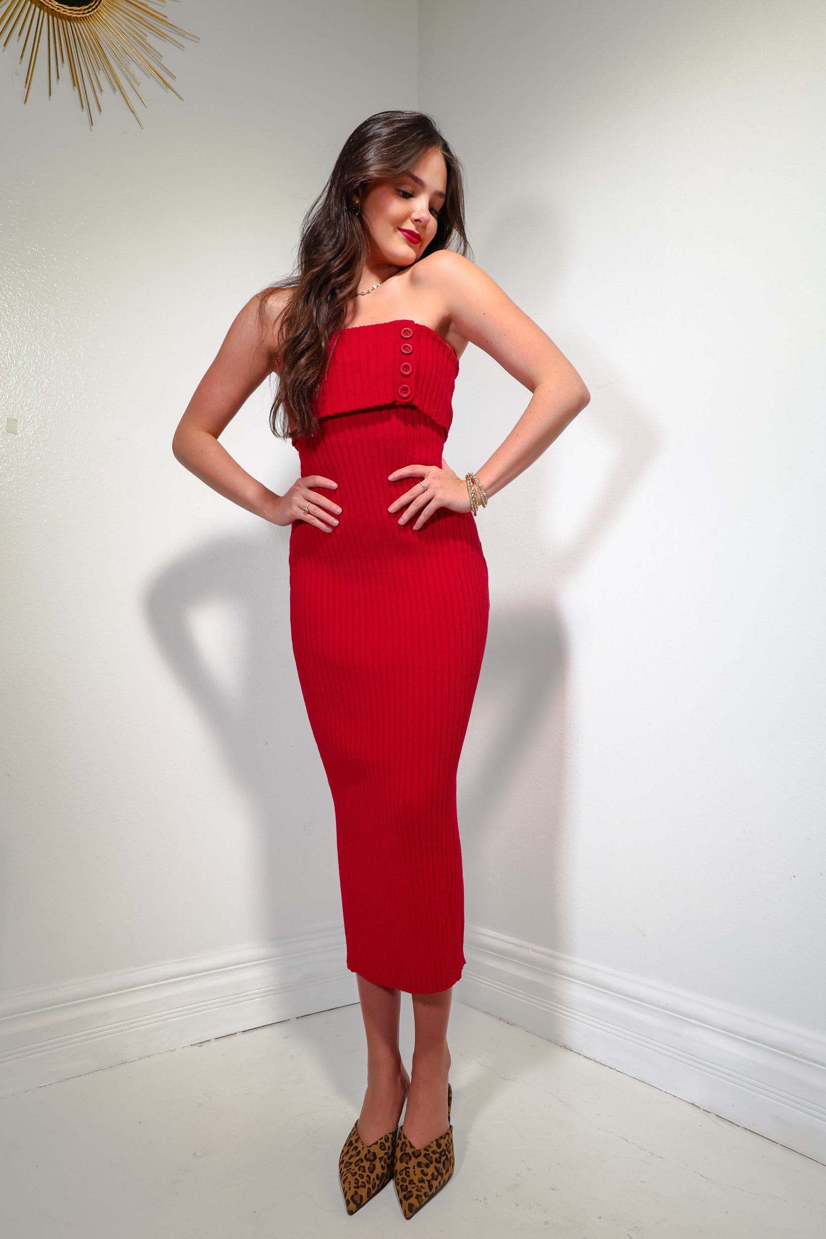 Chic Fold Over Tube Midi Dress Red / Medium (4/6) Chic Fold Over Tube Midi Dress Red / Medium (4/6)