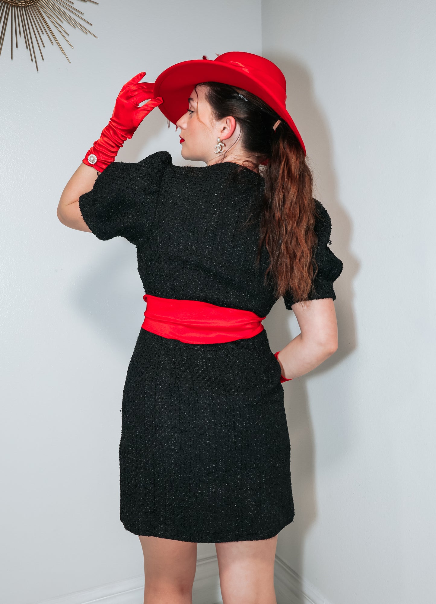 Classic Noir Tweed Puff Sleeve Mini Dress