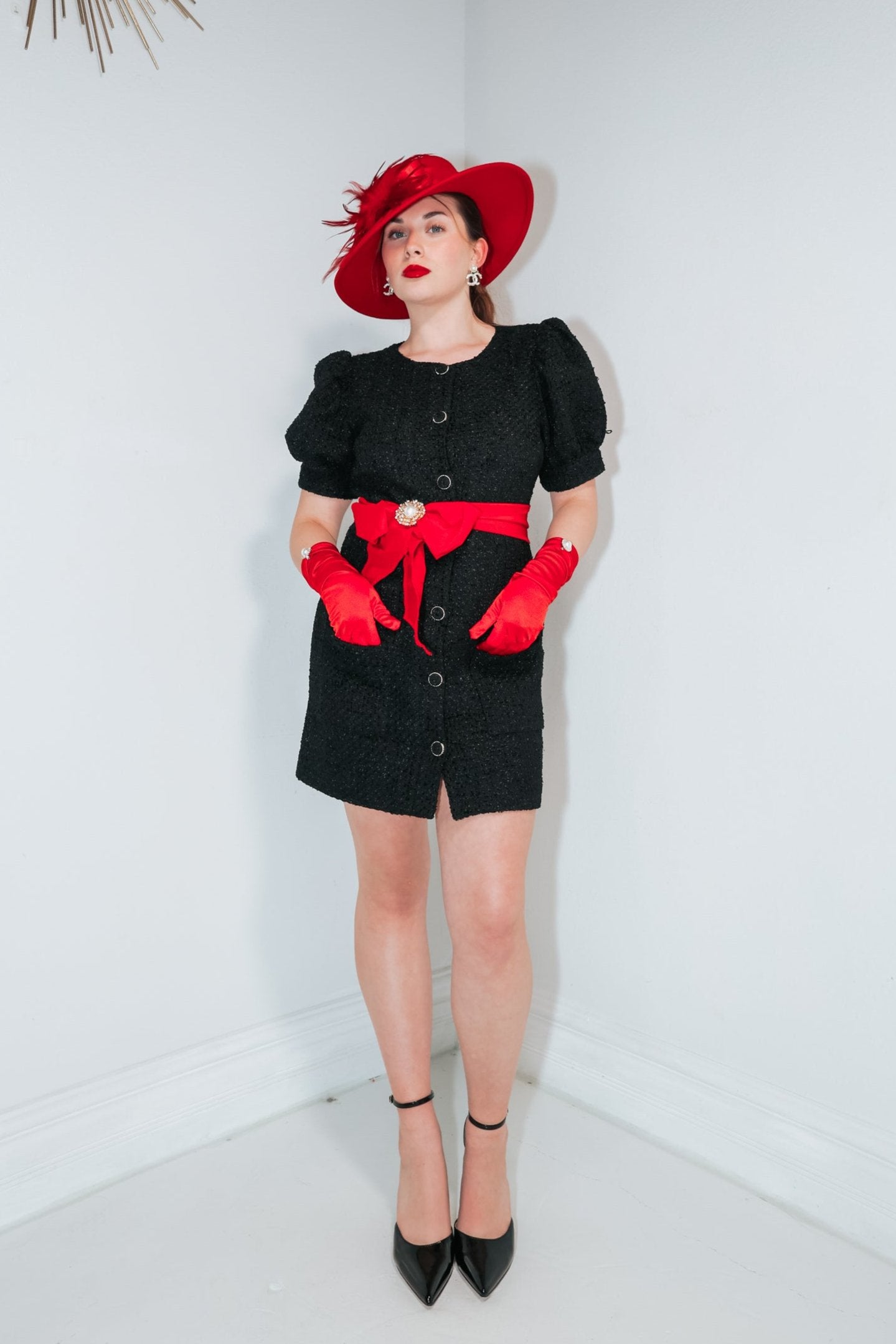 Classic Noir Tweed Puff Sleeve Mini Dress