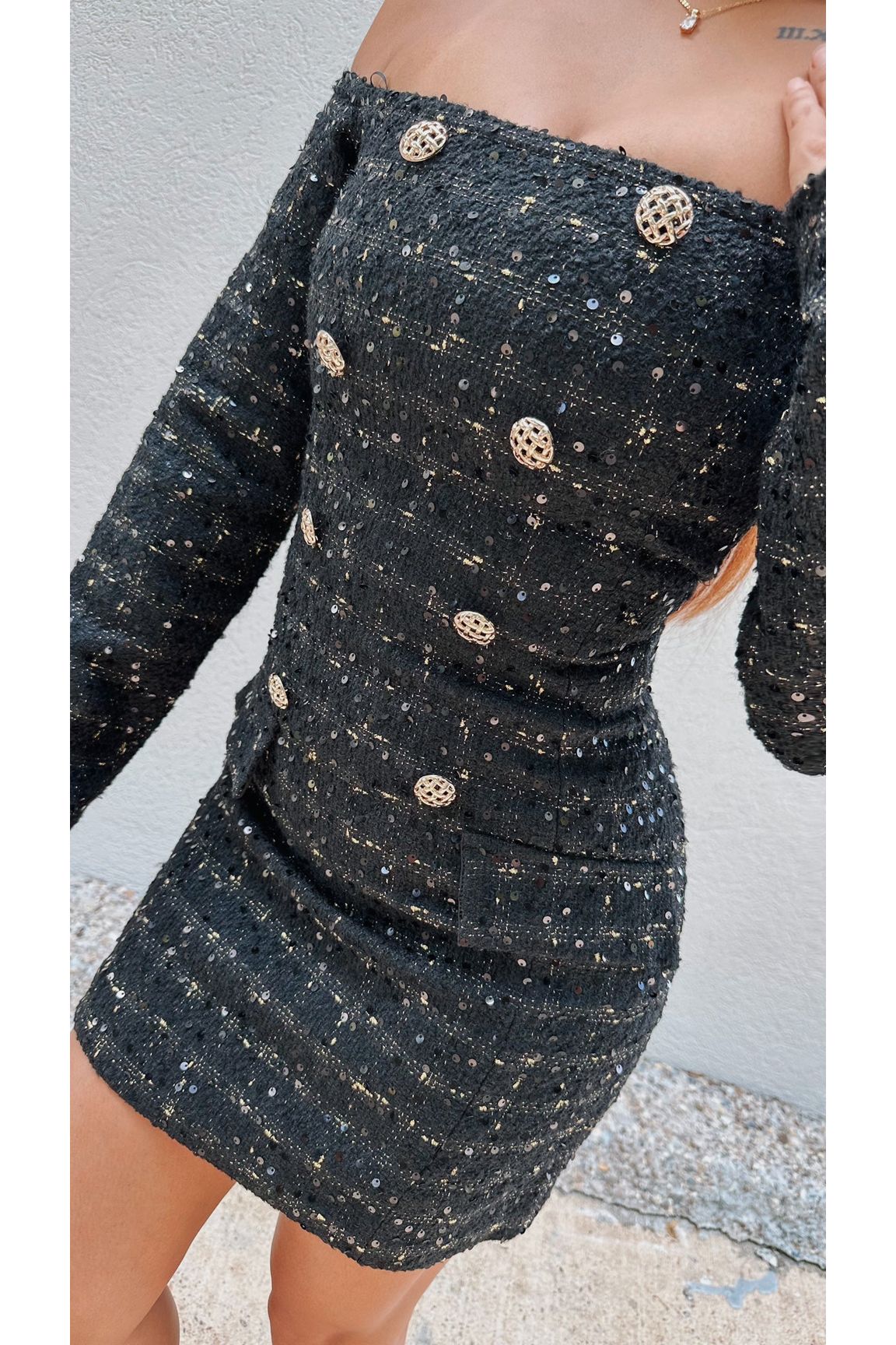 Coco Vibe Off Shoulder Tweed Dress-Dresses-KCoutureBoutique, women's boutique in Bossier City, Louisiana