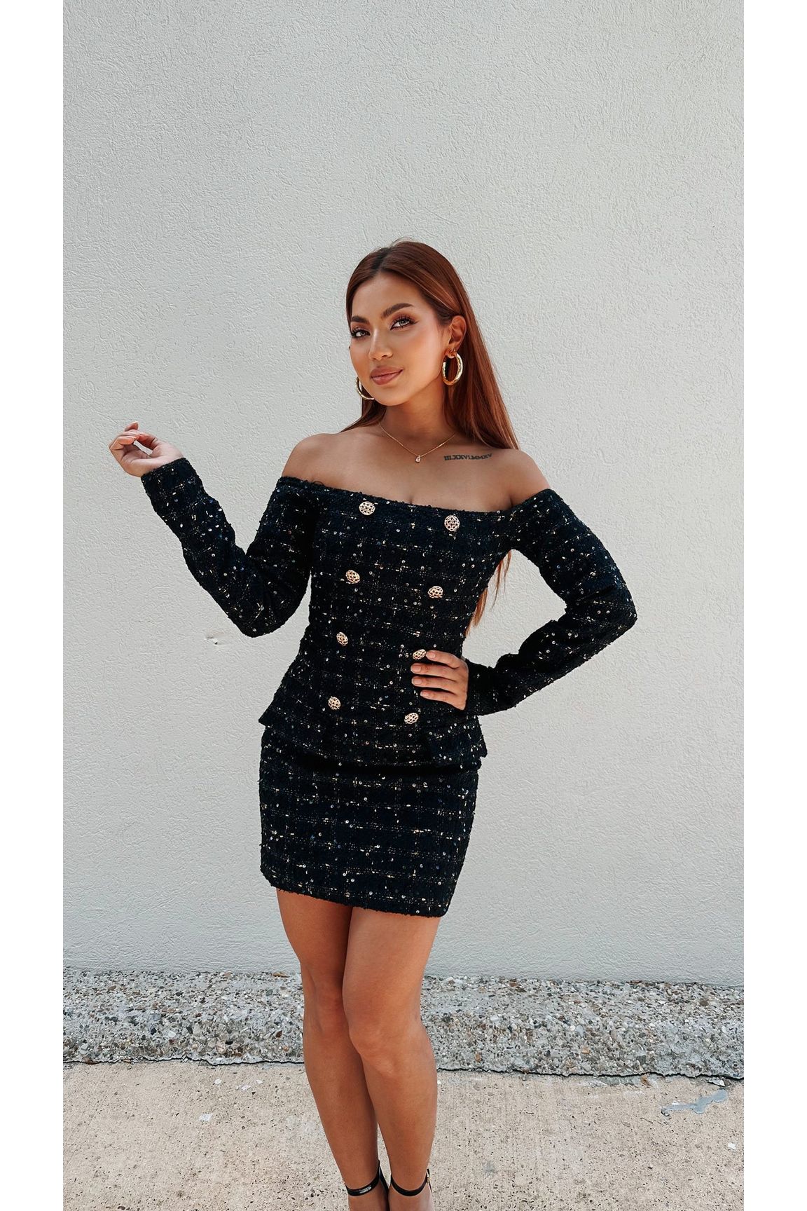 Coco Vibe Off Shoulder Tweed Dress-Dresses-KCoutureBoutique, women's boutique in Bossier City, Louisiana