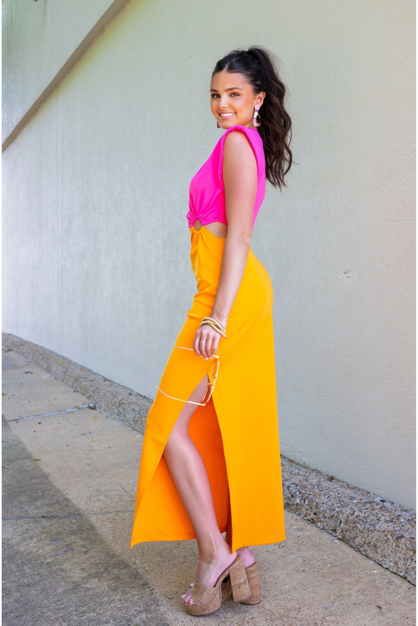 Color Block Padded Shoulder Cut Out Maxi Dress-Clothing-KCoutureBoutique, women's boutique in Bossier City, Louisiana