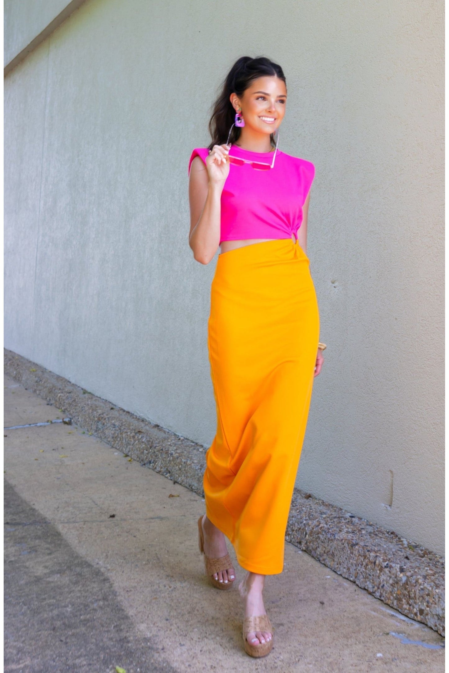 Color Block Padded Shoulder Cut Out Maxi Dress-Clothing-KCoutureBoutique, women's boutique in Bossier City, Louisiana