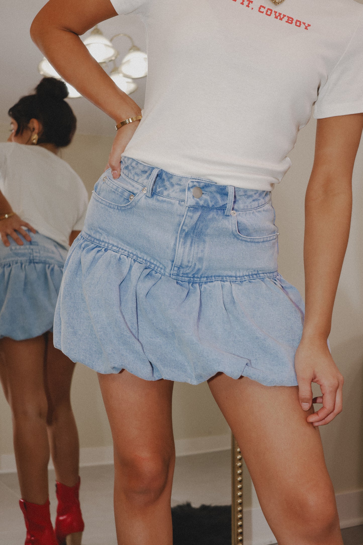 Denim Darling Puff Hem Mini Skirt