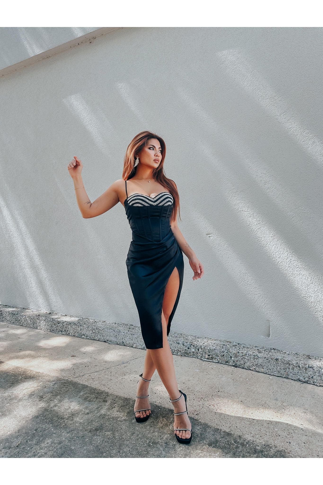 Corset Rhinestone Trim Satin Dress Black / Medium Corset Rhinestone Trim Satin Dress Black / Medium