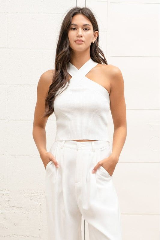 Crossover Halter Neck Knit Top-Tops-KCoutureBoutique, women's boutique in Bossier City, Louisiana