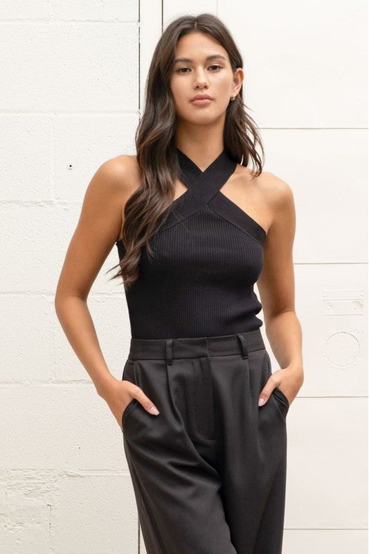 Crossover Halter Neck Knit Top-Tops-KCoutureBoutique, women's boutique in Bossier City, Louisiana