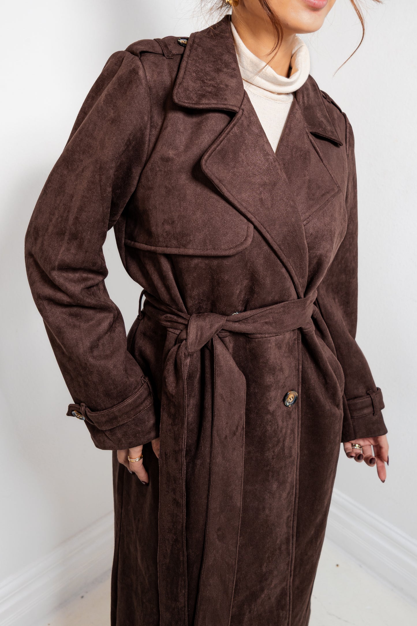 Dark Roast Suede Longline Trench Coat