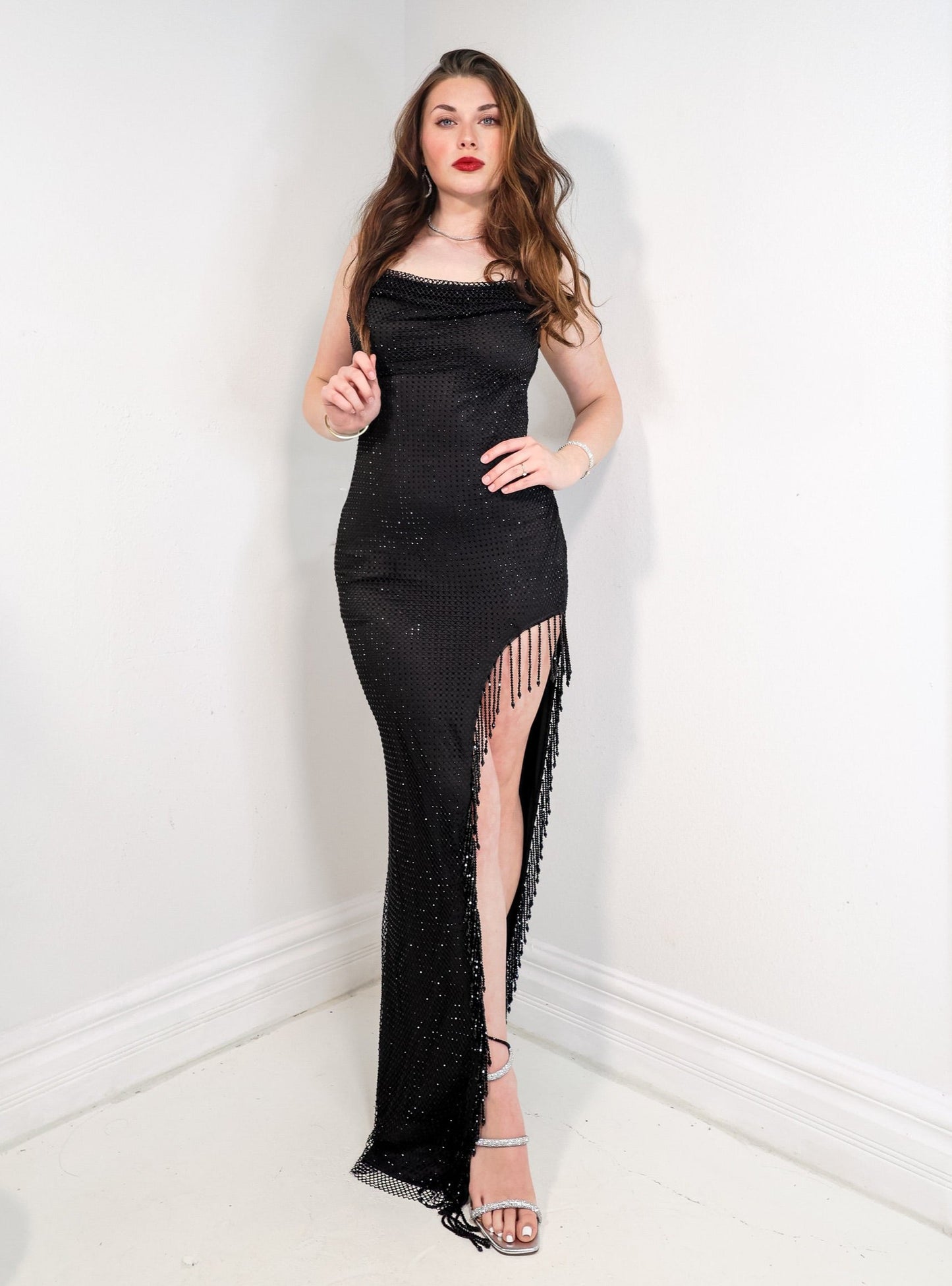 Dazzle Me Rhinestone Fishnet Overlay Dress