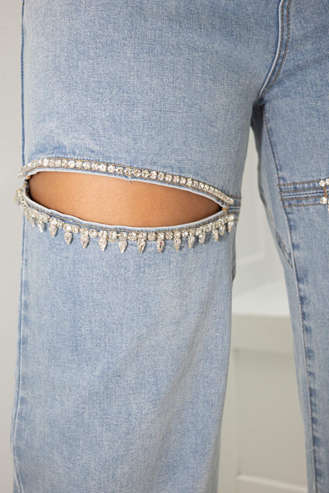 Denim Cut Front Rhinestone Jeans-Clothing-KCoutureBoutique, women's boutique in Bossier City, Louisiana