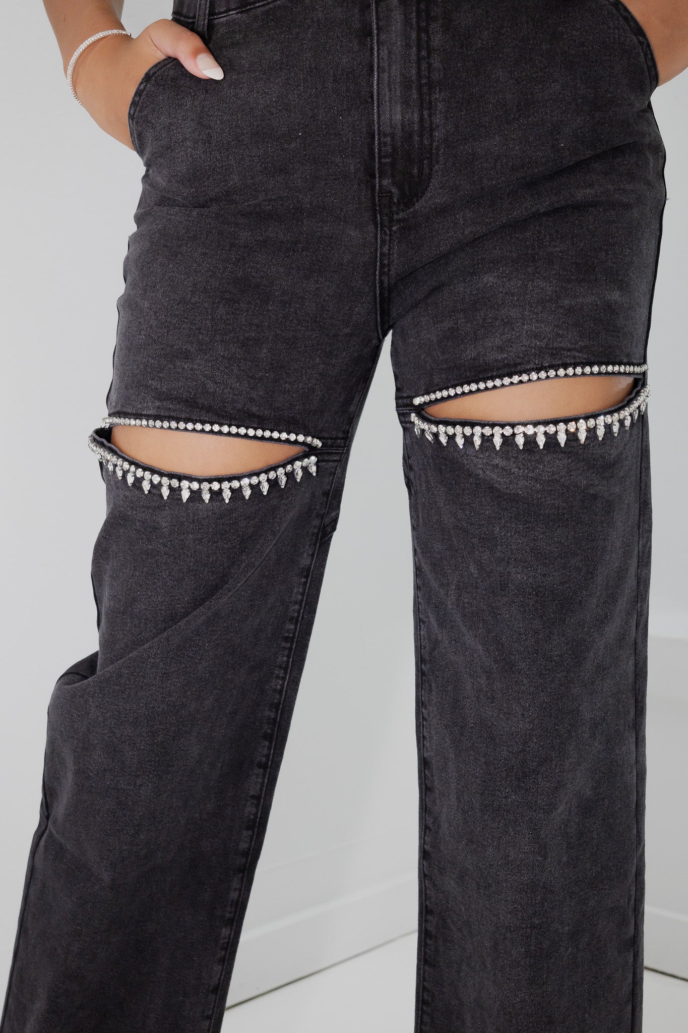 Denim Cut Front Rhinestone Jeans-Clothing-KCoutureBoutique, women's boutique in Bossier City, Louisiana