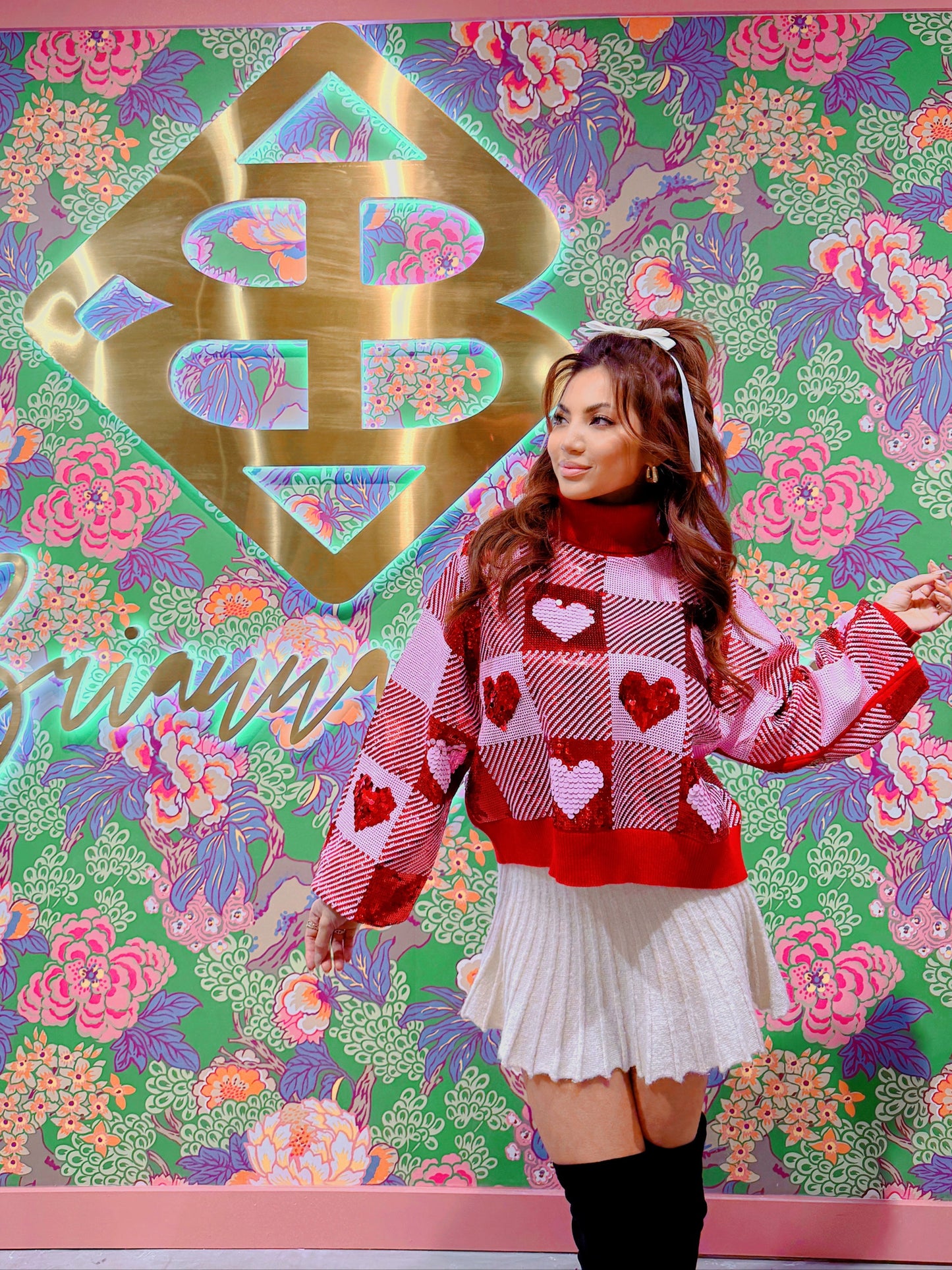 Brianna Cannon Sequin Hearts Plaid Sweater
