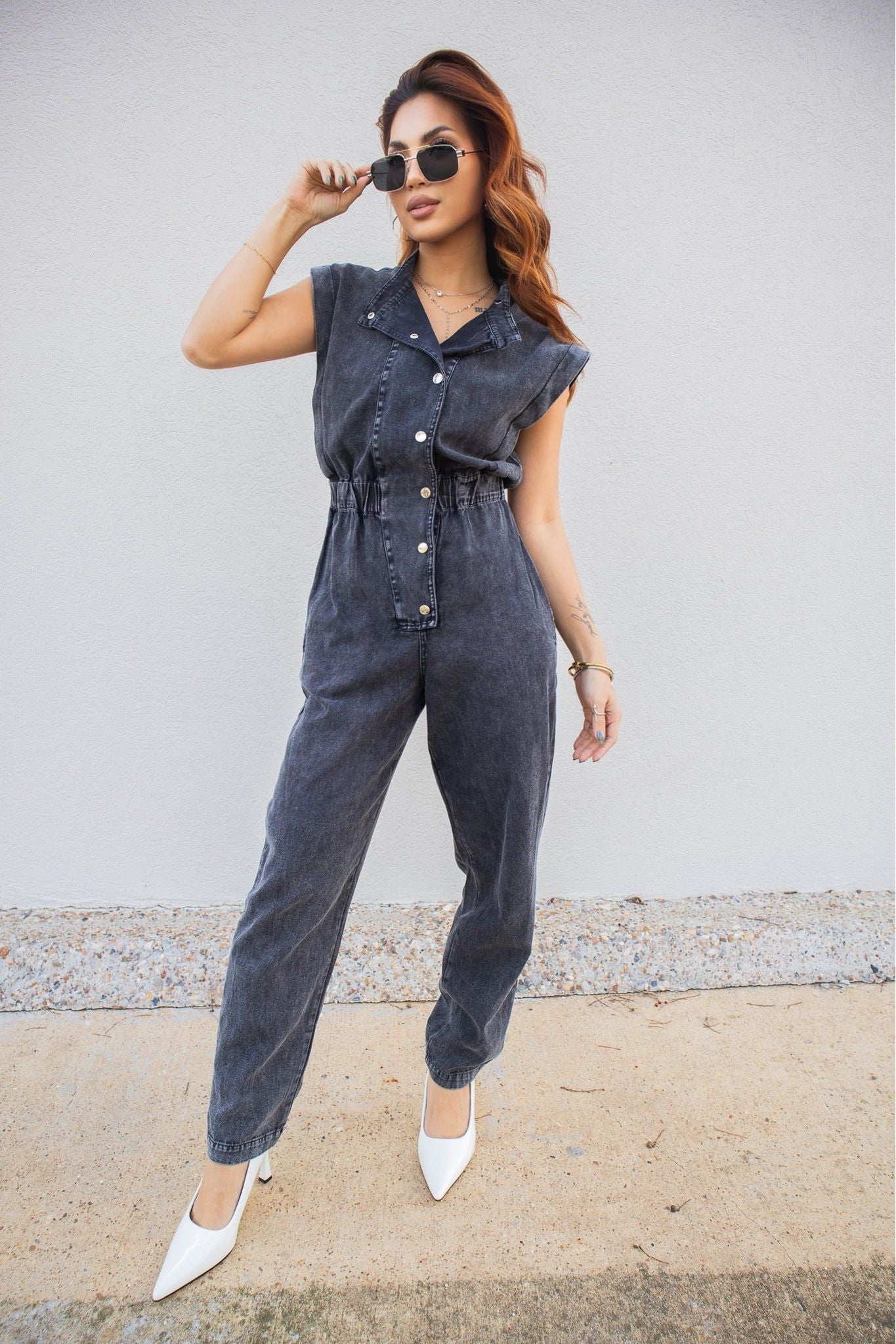 Elan Black Denim Sleeveless Jumpsuit-Jumpsuits-KCoutureBoutique, women's boutique in Bossier City, Louisiana