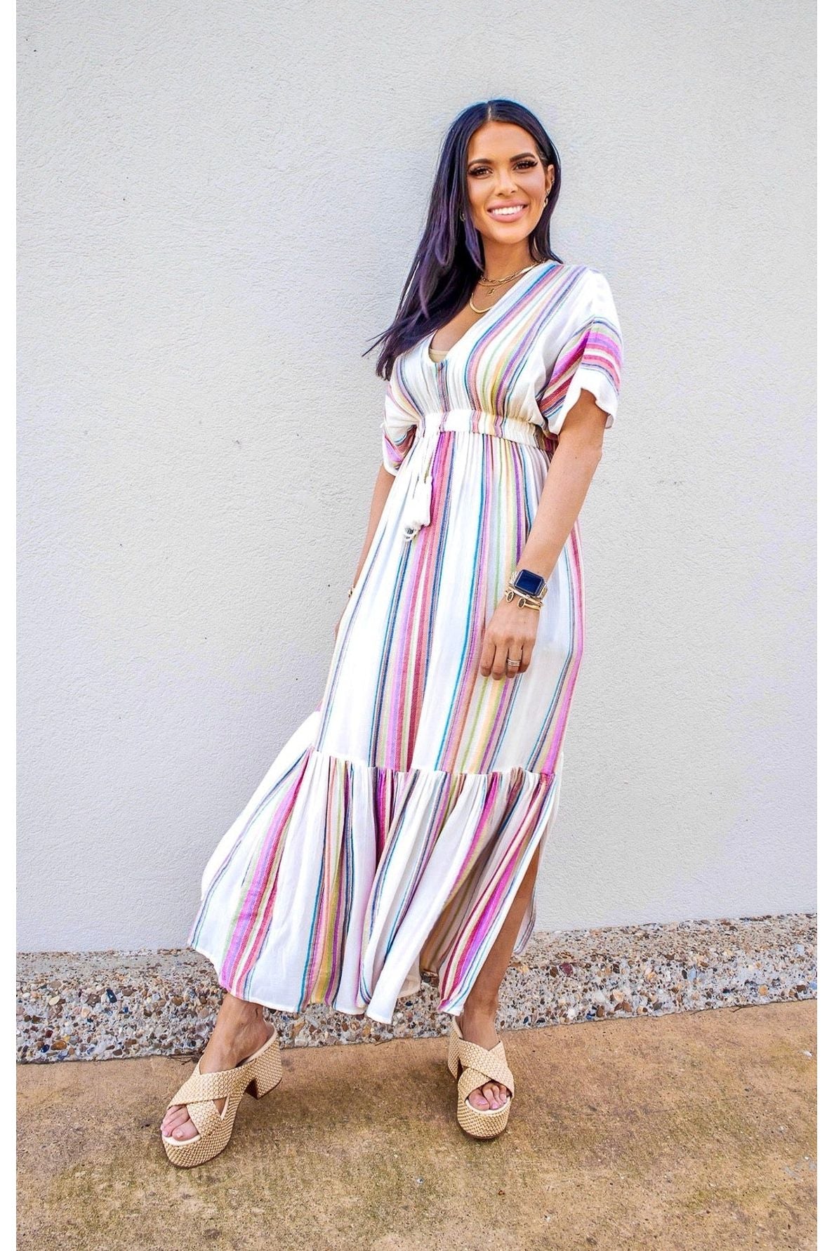 Elan White Multi Stripe Maxi Dress