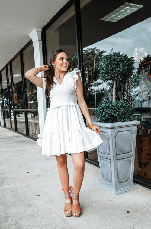 Elan White Ruffle Sleeve Tank Dress-Dress-KCoutureBoutique, women's boutique in Bossier City, Louisiana