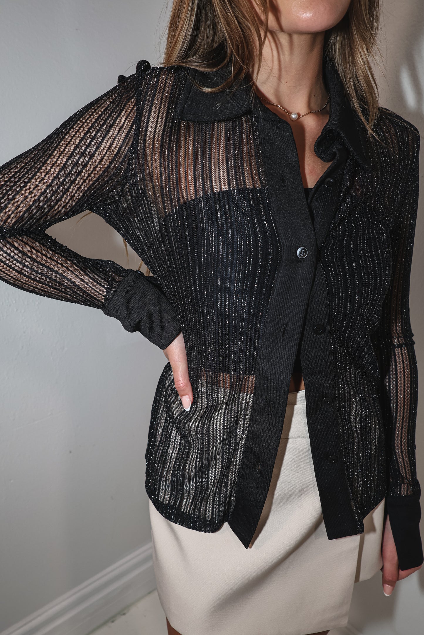 Glitter Striped Mesh Button Up Top