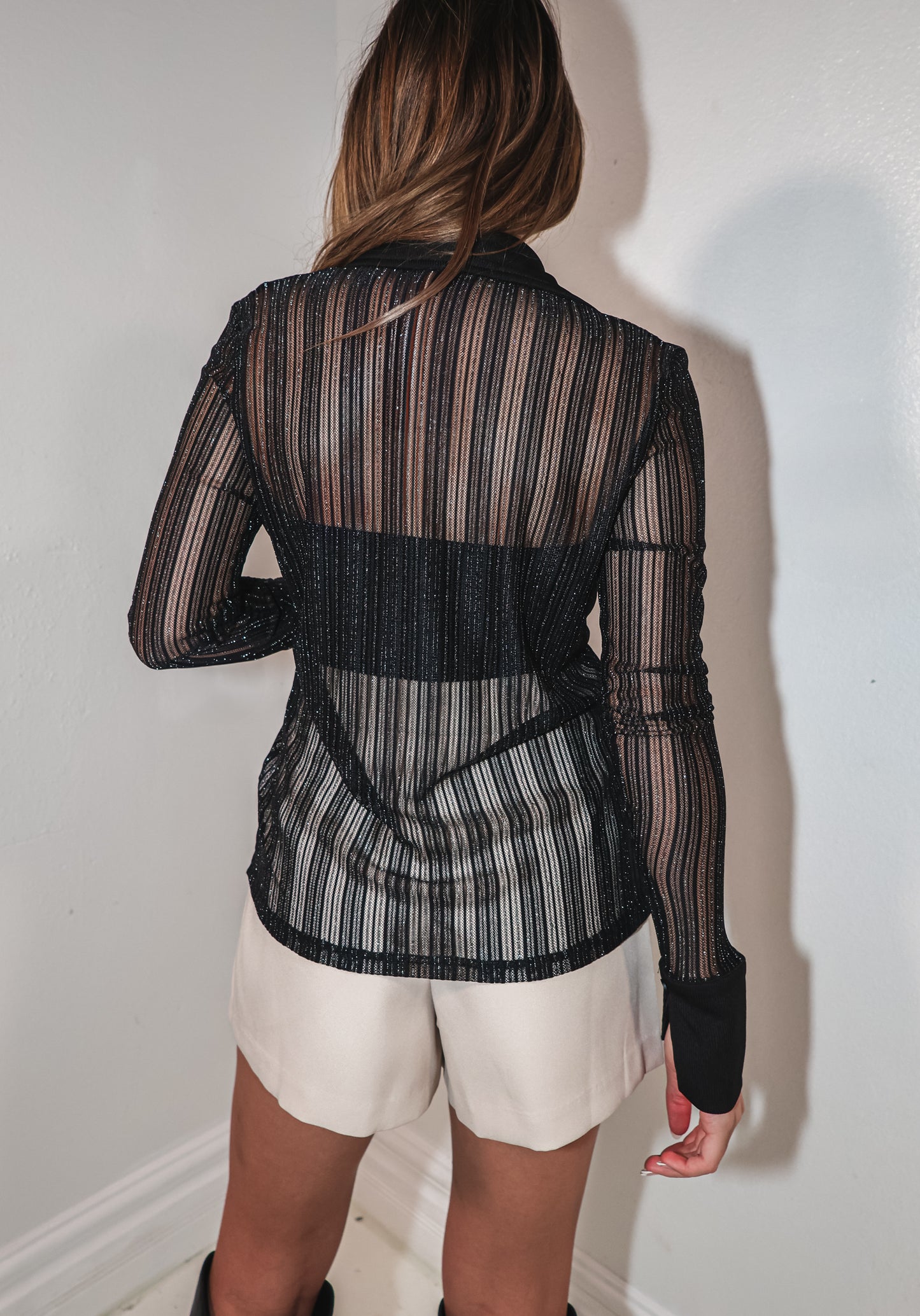 Glitter Striped Mesh Button Up Top