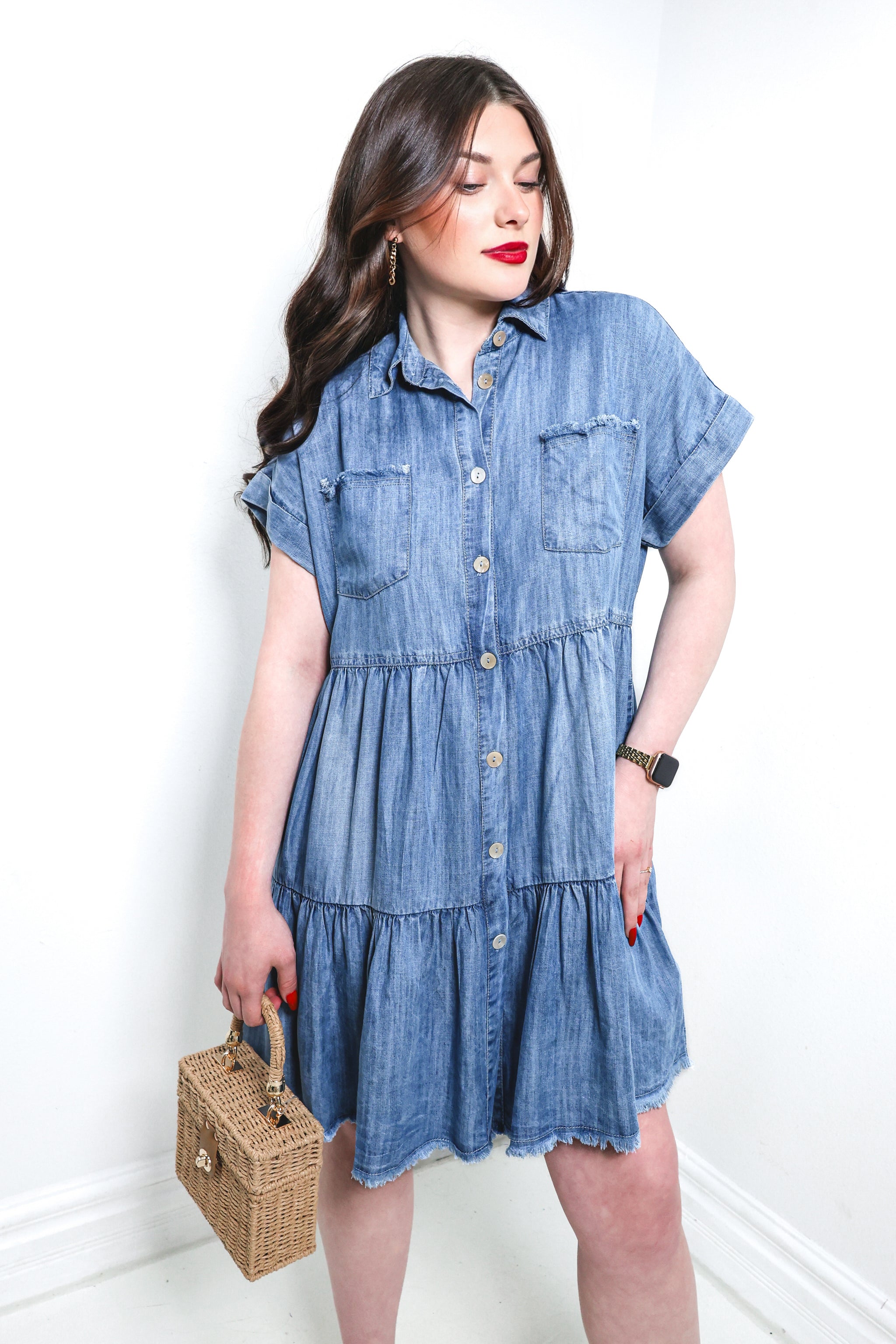Elan Women's Frayed Trim Shirt Dress - Blue - Size S