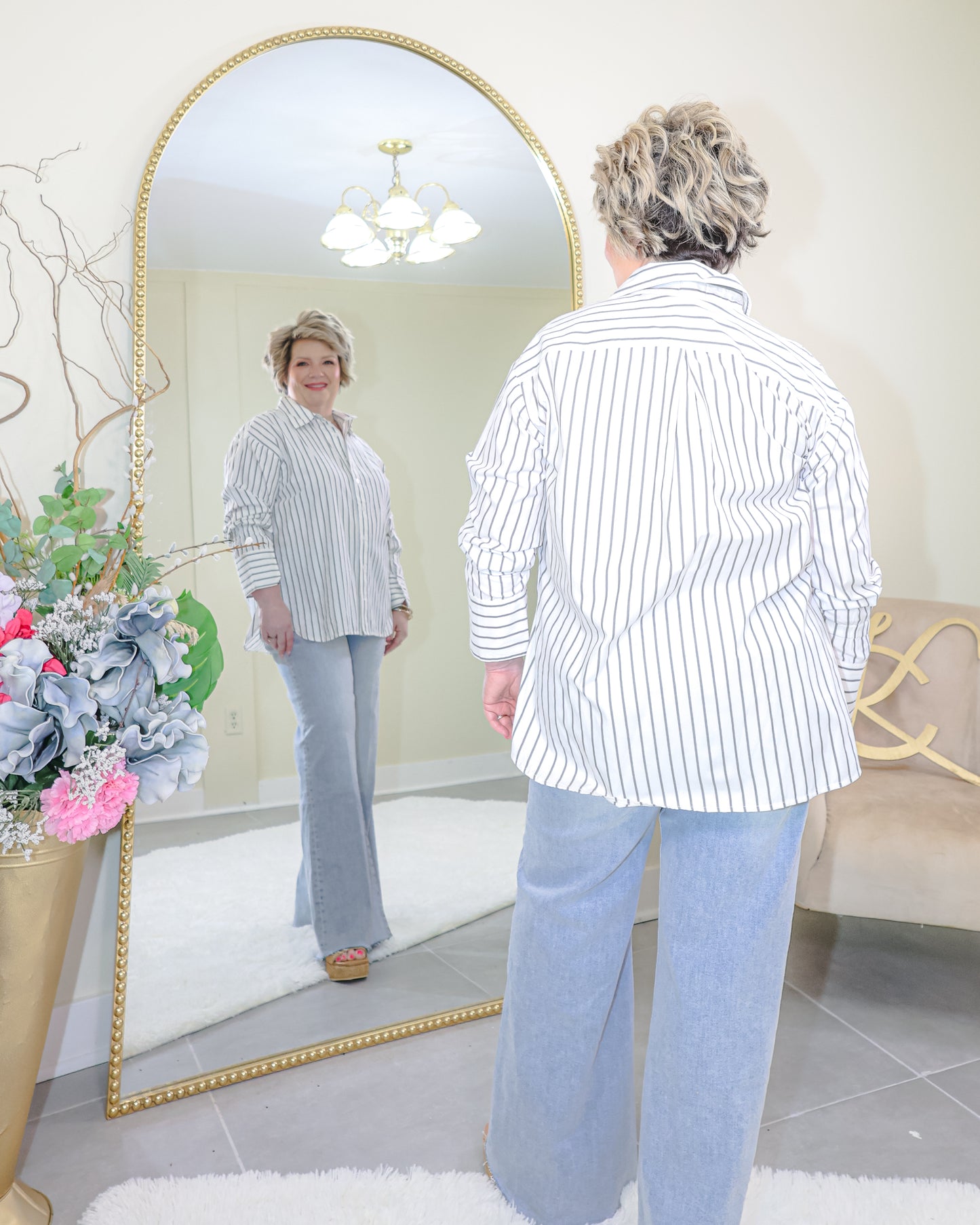 Elan Grey Striped Buttoned Down Top