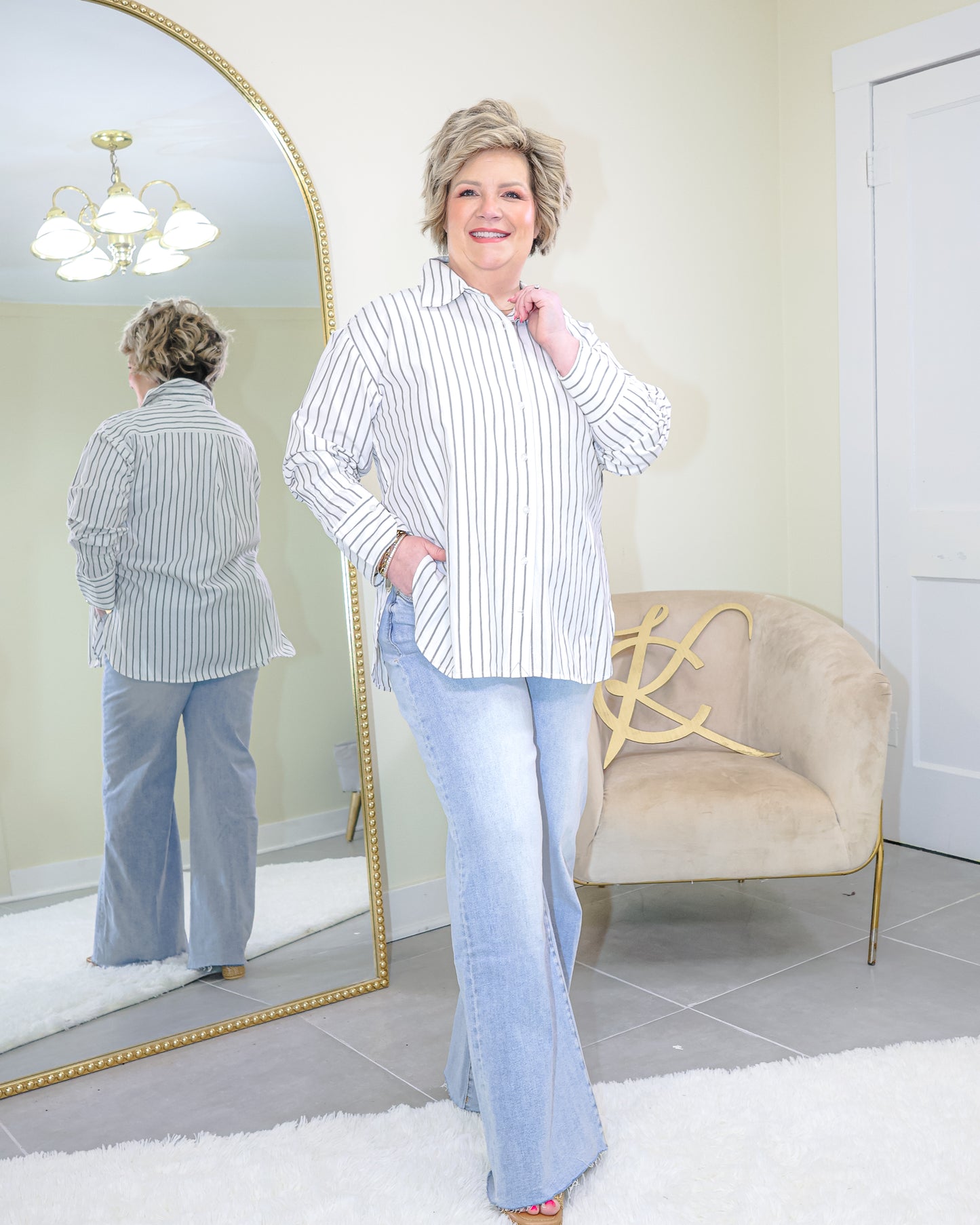 Elan Grey Striped Buttoned Down Top