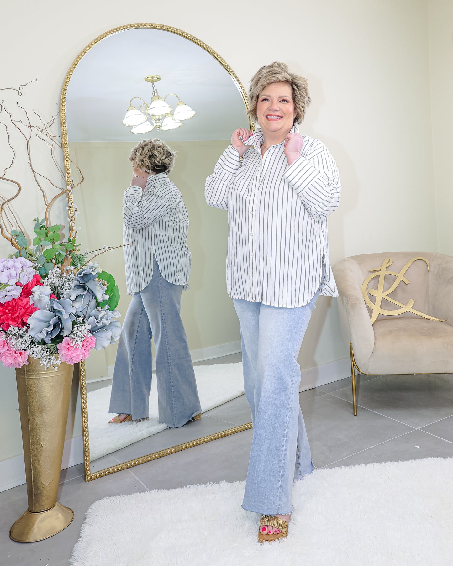 Elan Grey Striped Buttoned Down Top