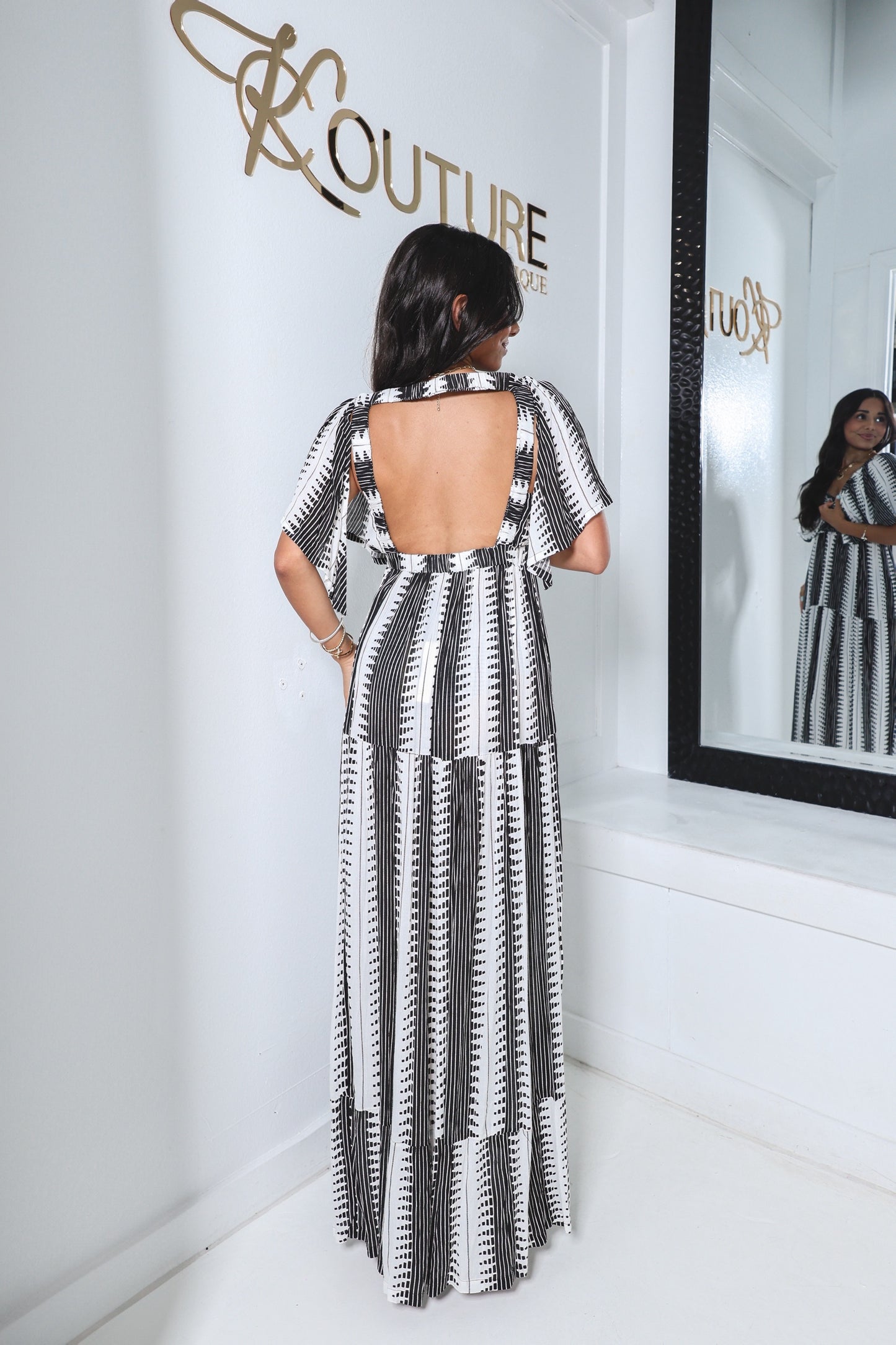Elan Open Back Ruffle Sleeve Maxi Dress