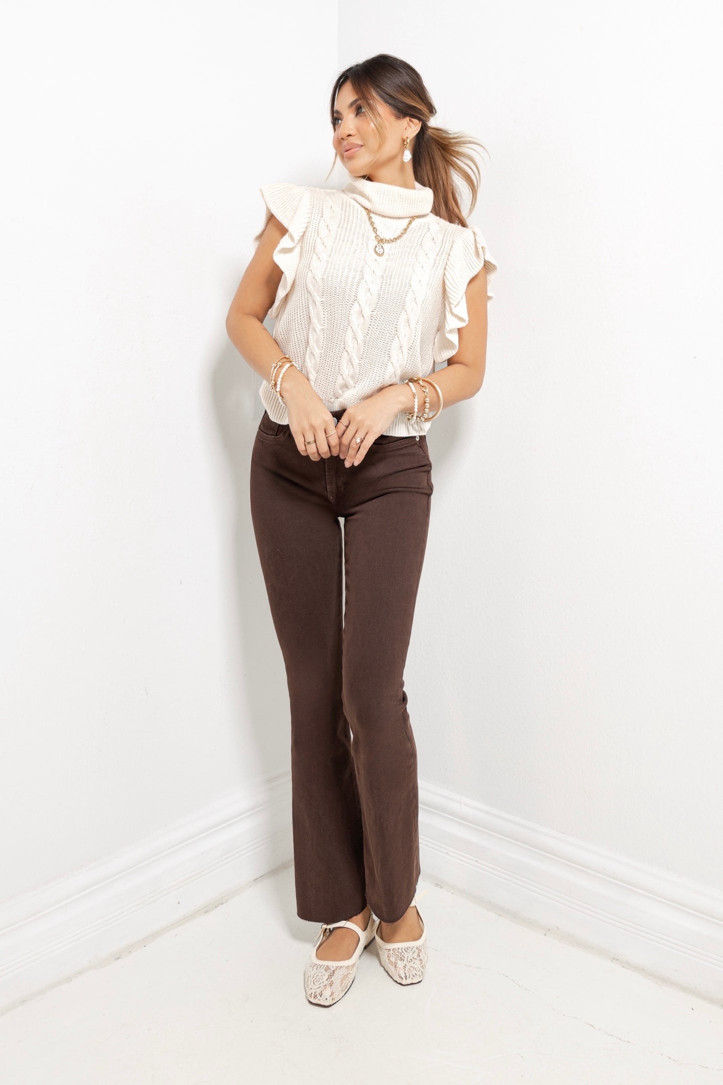 Elegant Edge Cable Knit Cropped Sweater Top