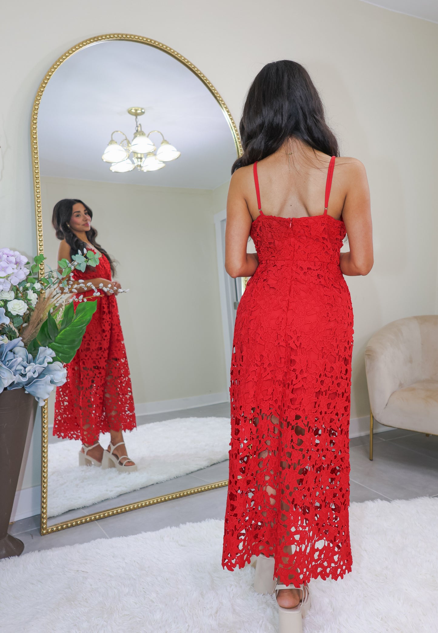 Endless Rose Ruby Red Lace Midi Dress