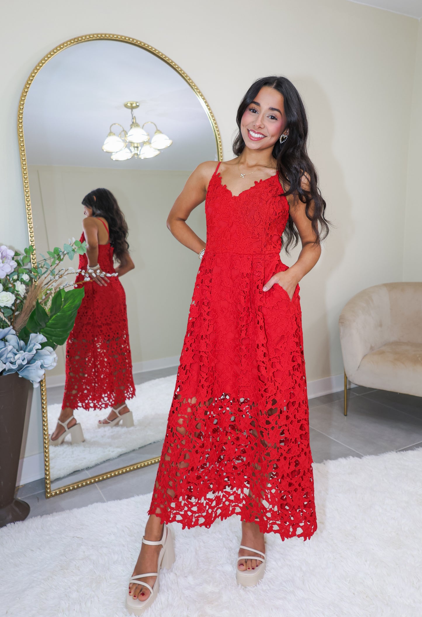 Endless Rose Ruby Red Lace Midi Dress