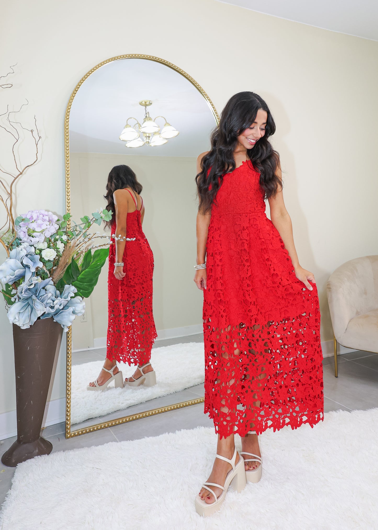 Endless Rose Ruby Red Lace Midi Dress