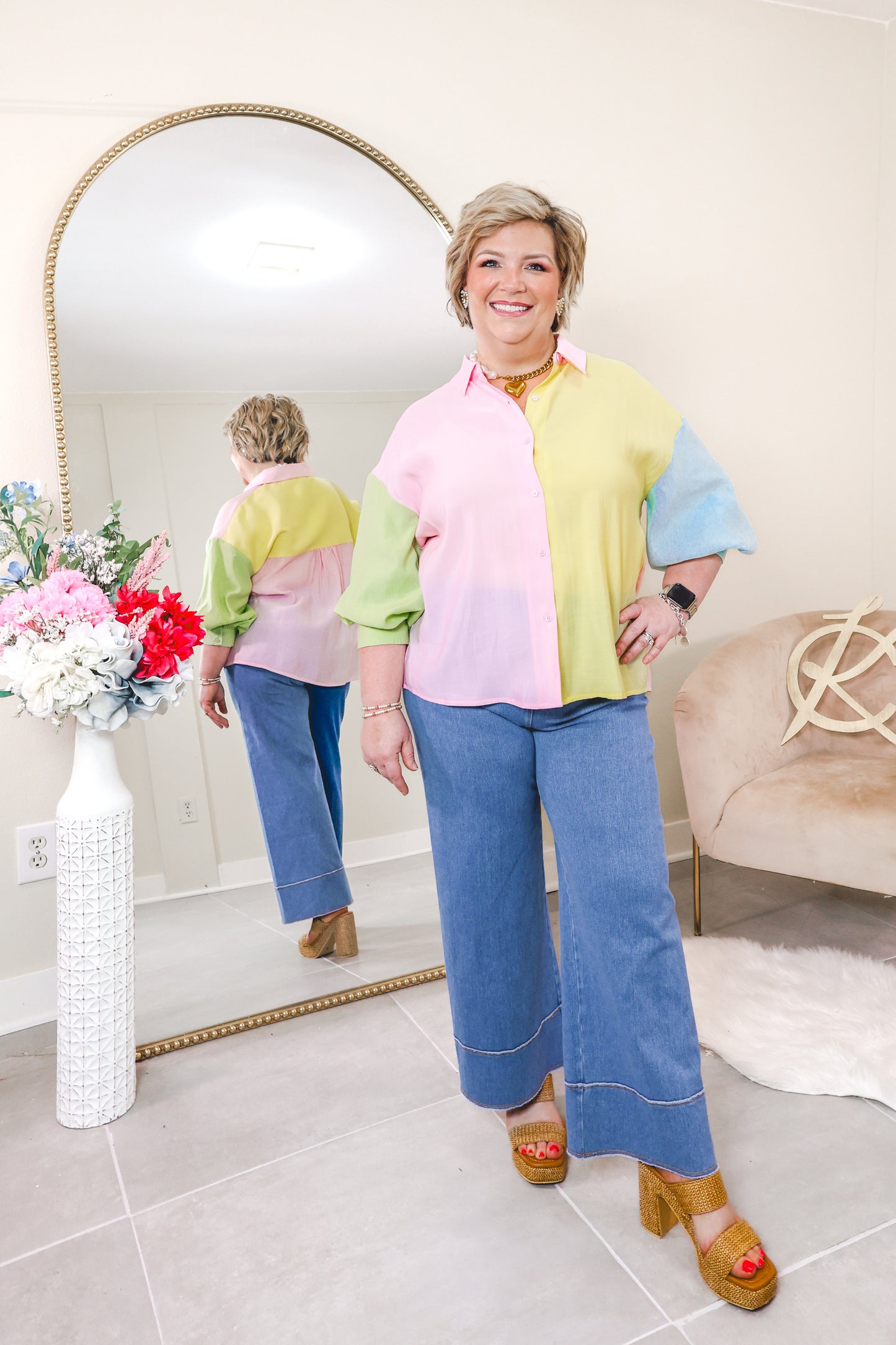English Factory Color Block Button Down Top
