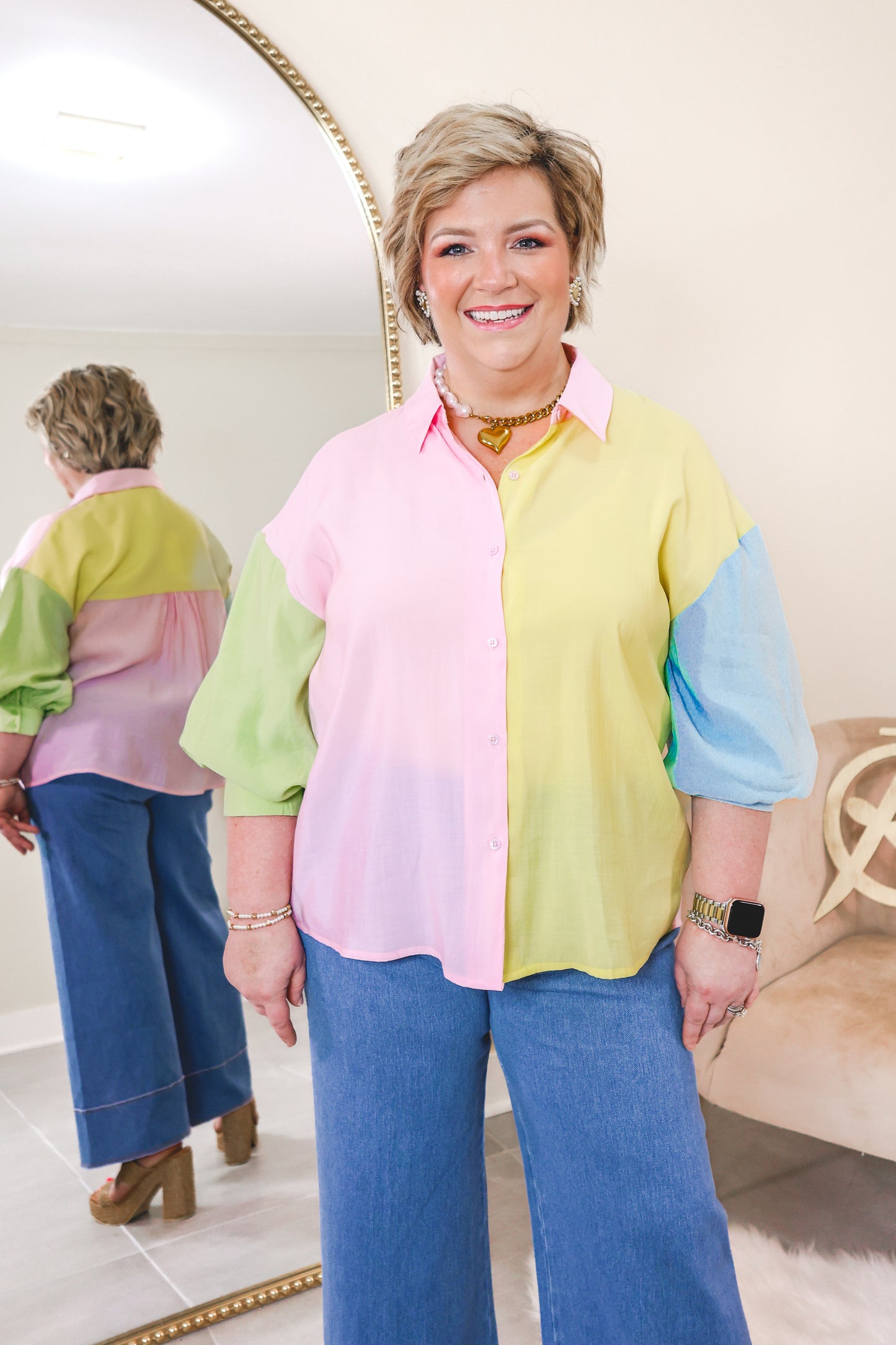 English Factory Color Block Button Down Top