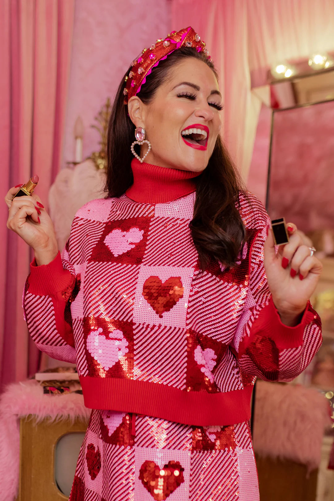 Brianna Cannon Sequin Hearts Plaid Sweater