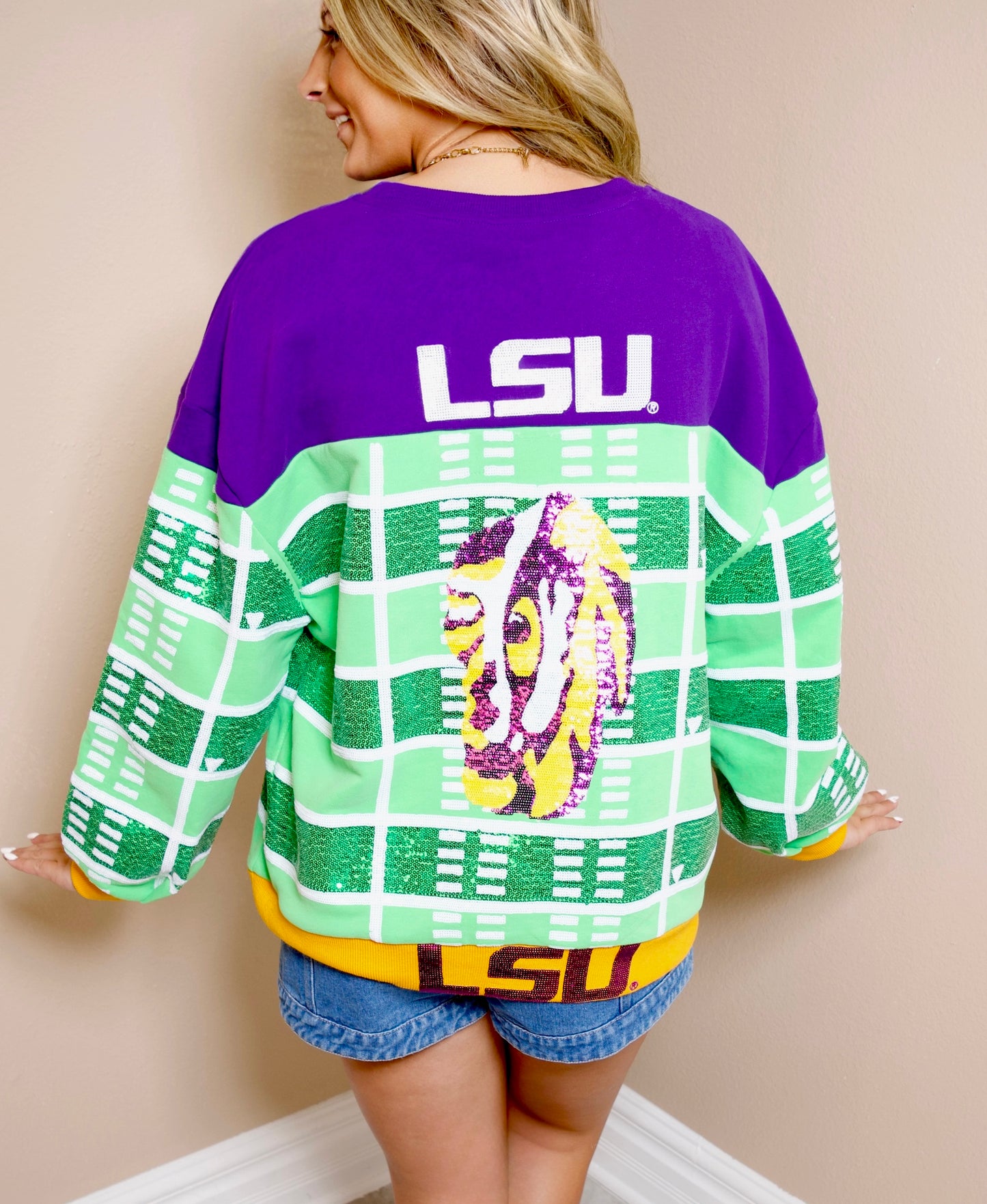QOS Wholesale Licensed LSU Colorblock Football Field Sweatshirt